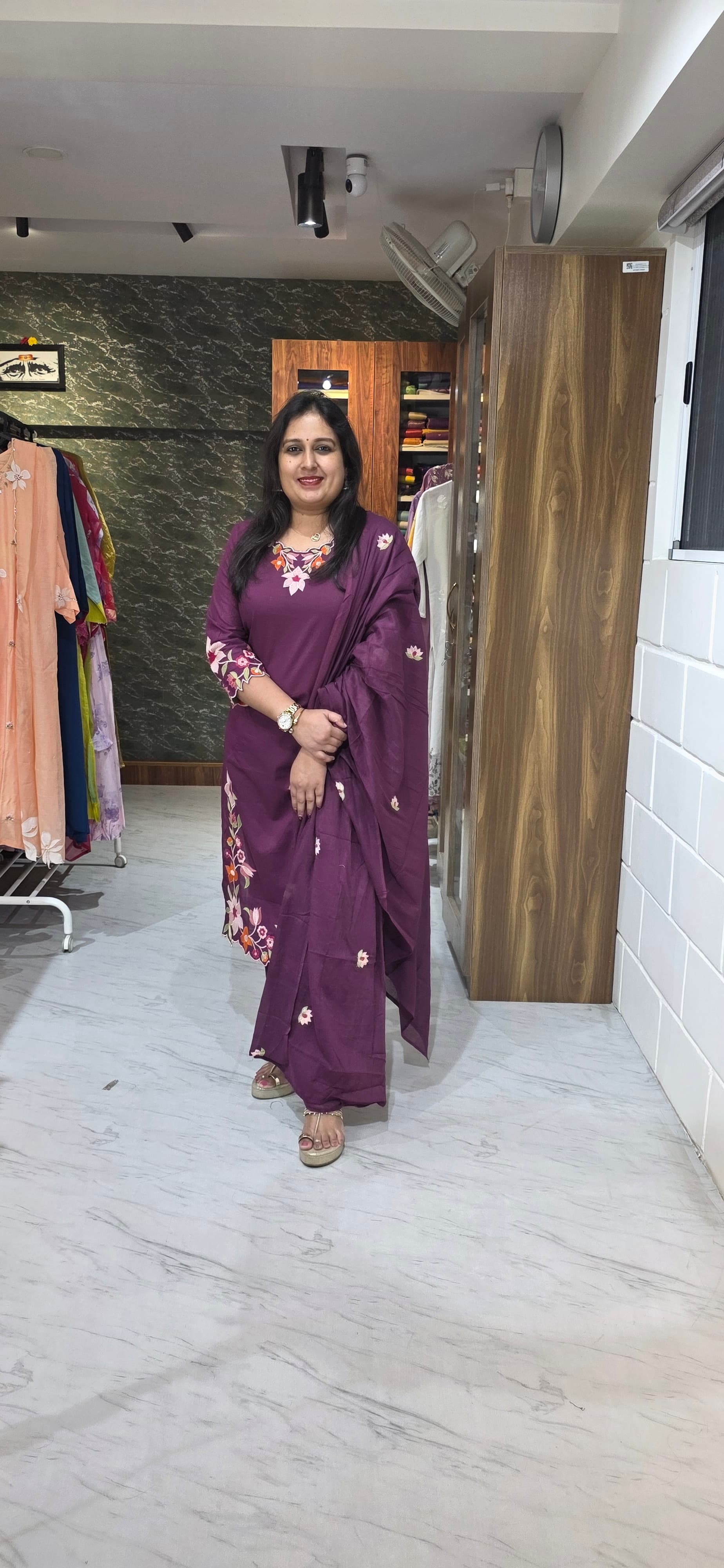 Plum Purple Floral Kurta Set with Mul Cotton Dupatta view 2
