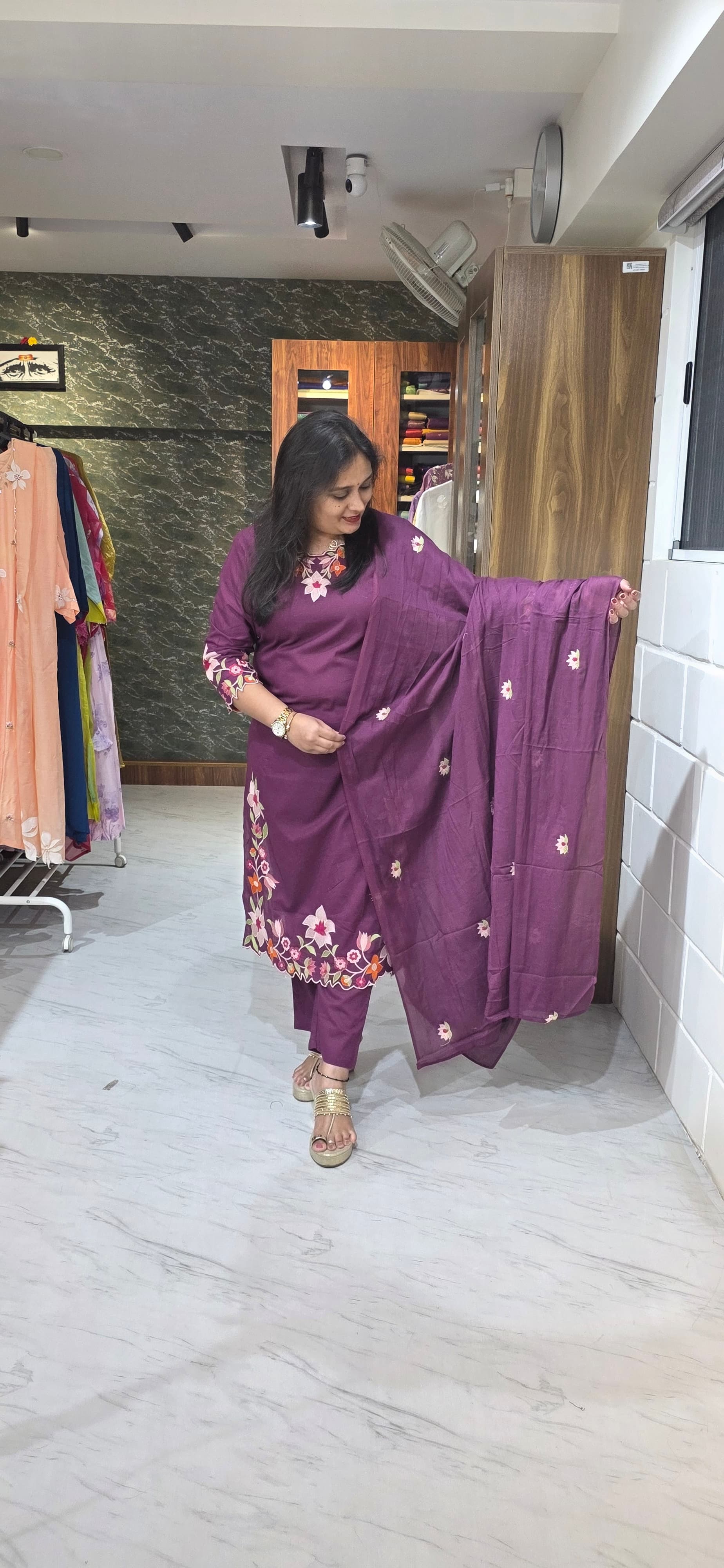 Plum Purple Floral Kurta Set with Mul Cotton Dupatta view 3