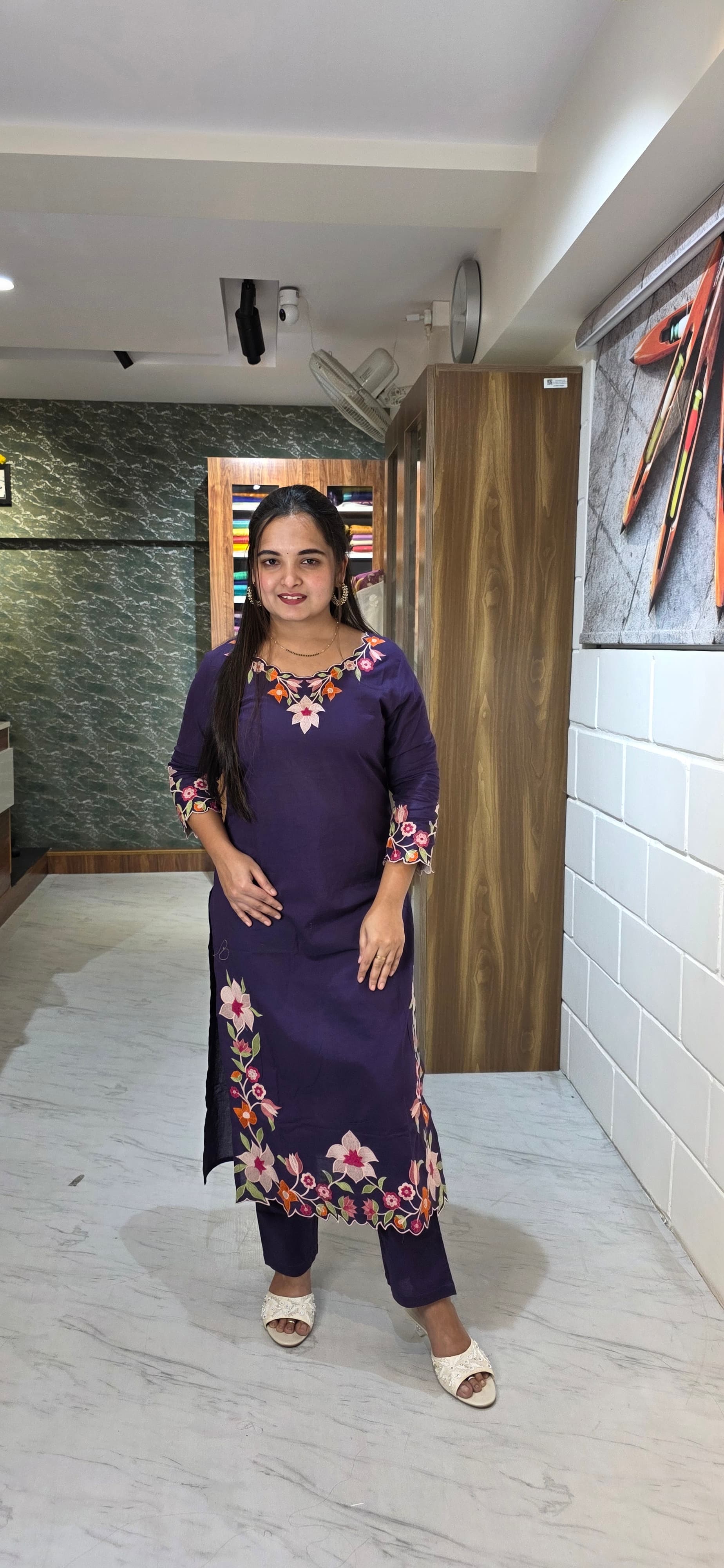 Deep Purple Floral Embroidered Kurta Set with Dupatta view 3