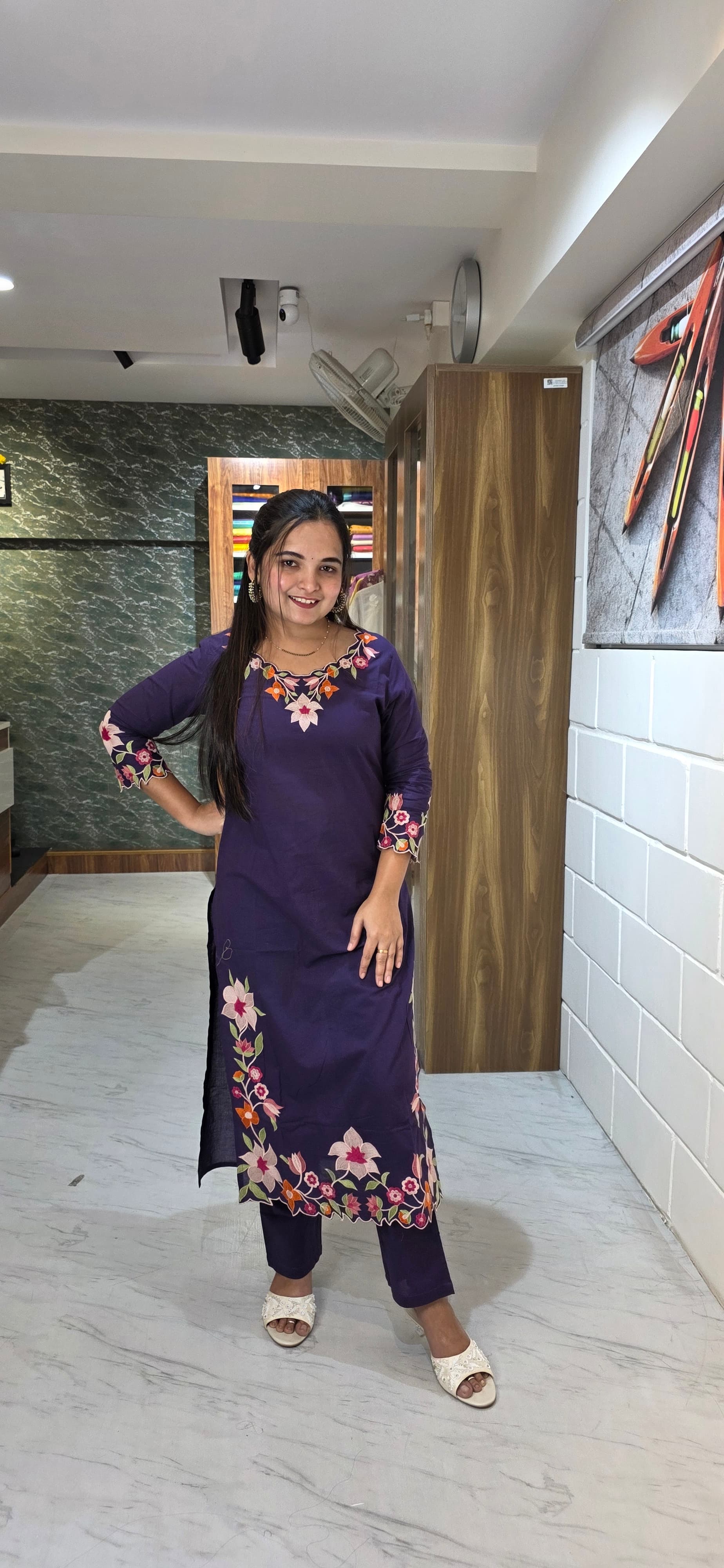 Deep Purple Floral Embroidered Kurta Set with Dupatta view 4