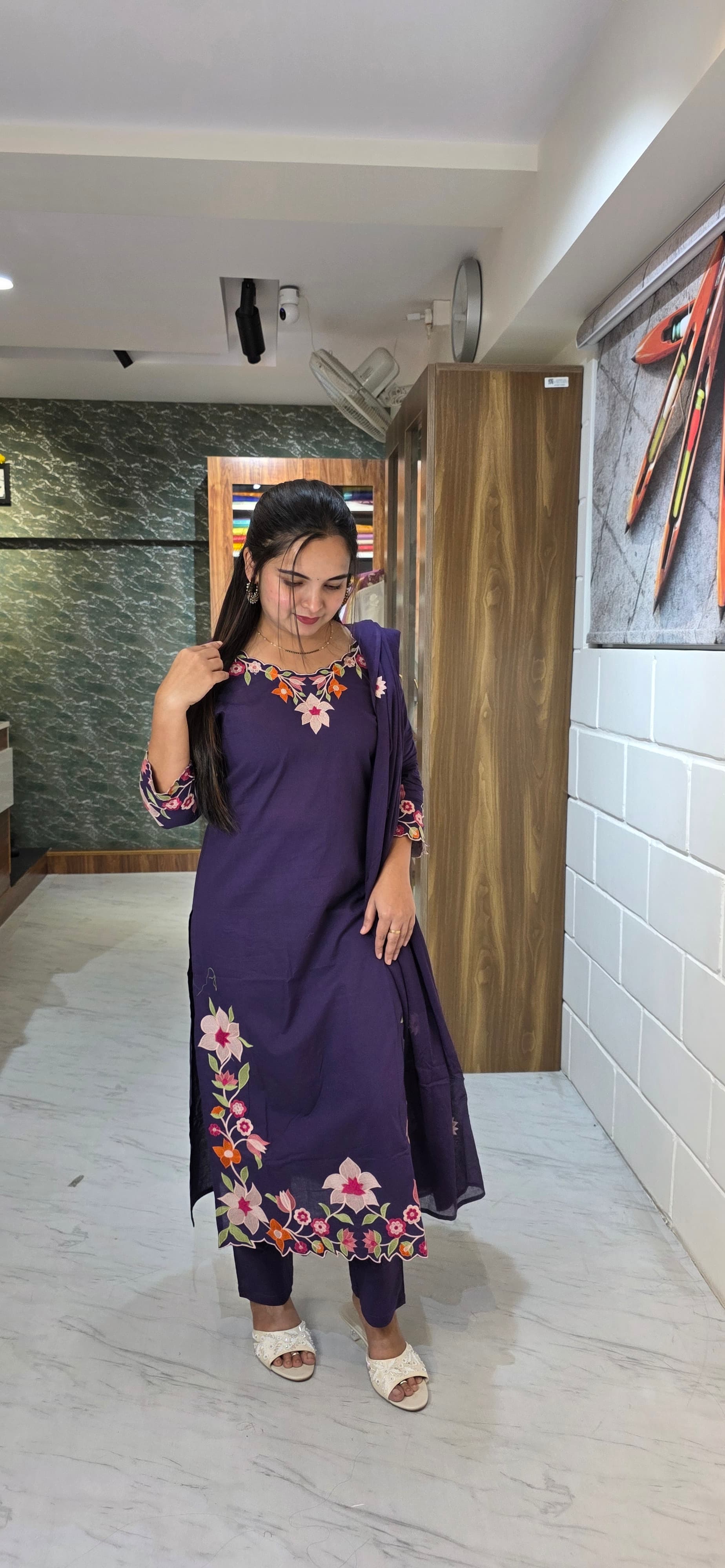 Deep Purple Floral Embroidered Kurta Set with Dupatta view 5