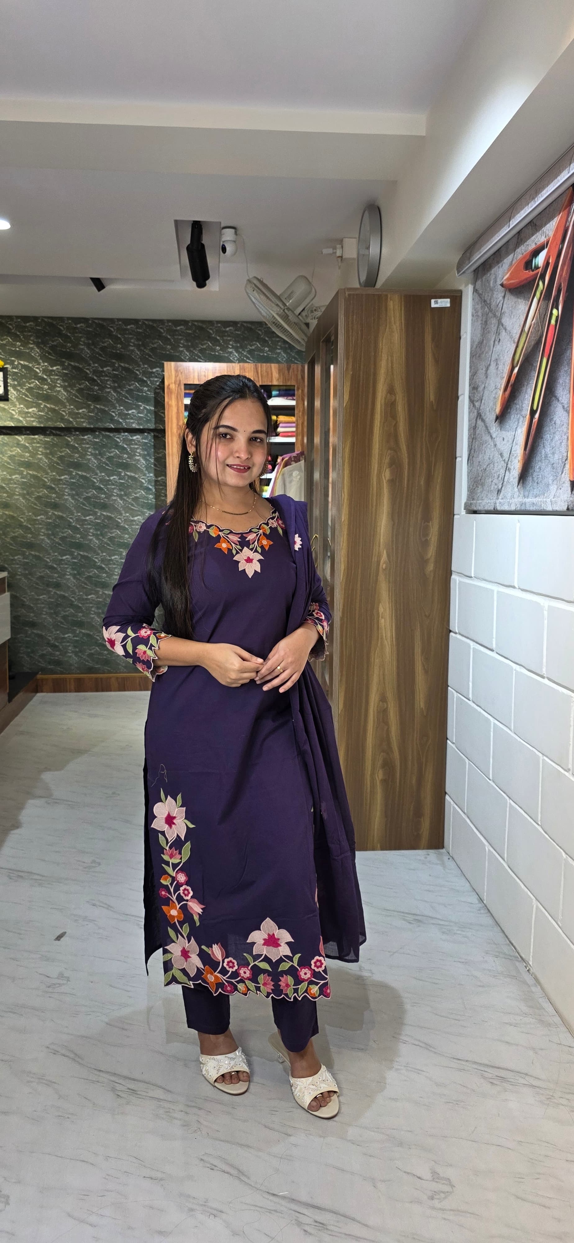 Deep Purple Floral Embroidered Kurta Set with Dupatta view 6