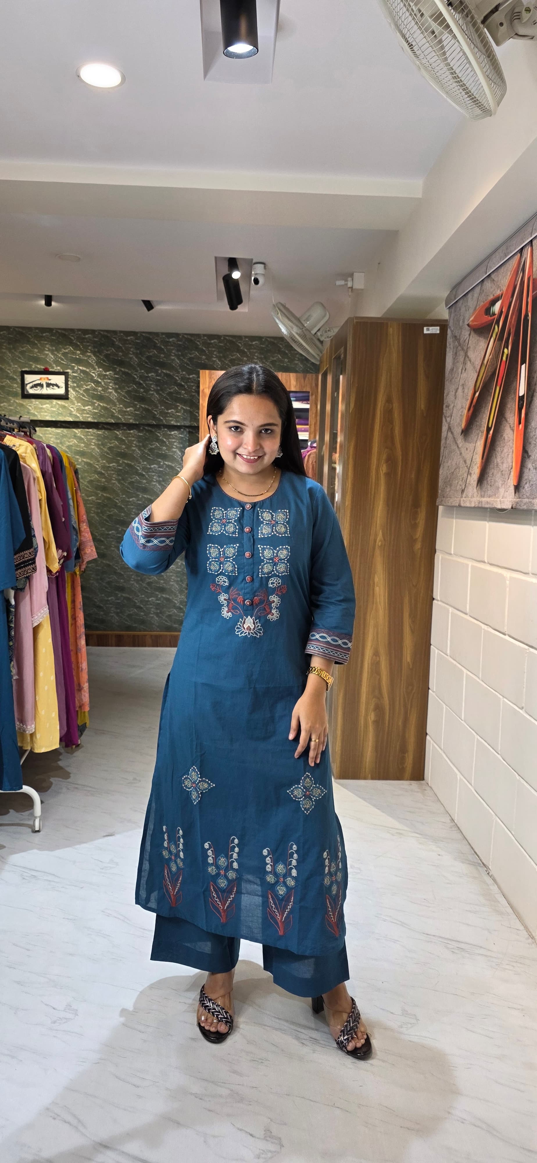 eal Blue Appliqué & Thread Work Kurta Set with Ajrakh Dupatta