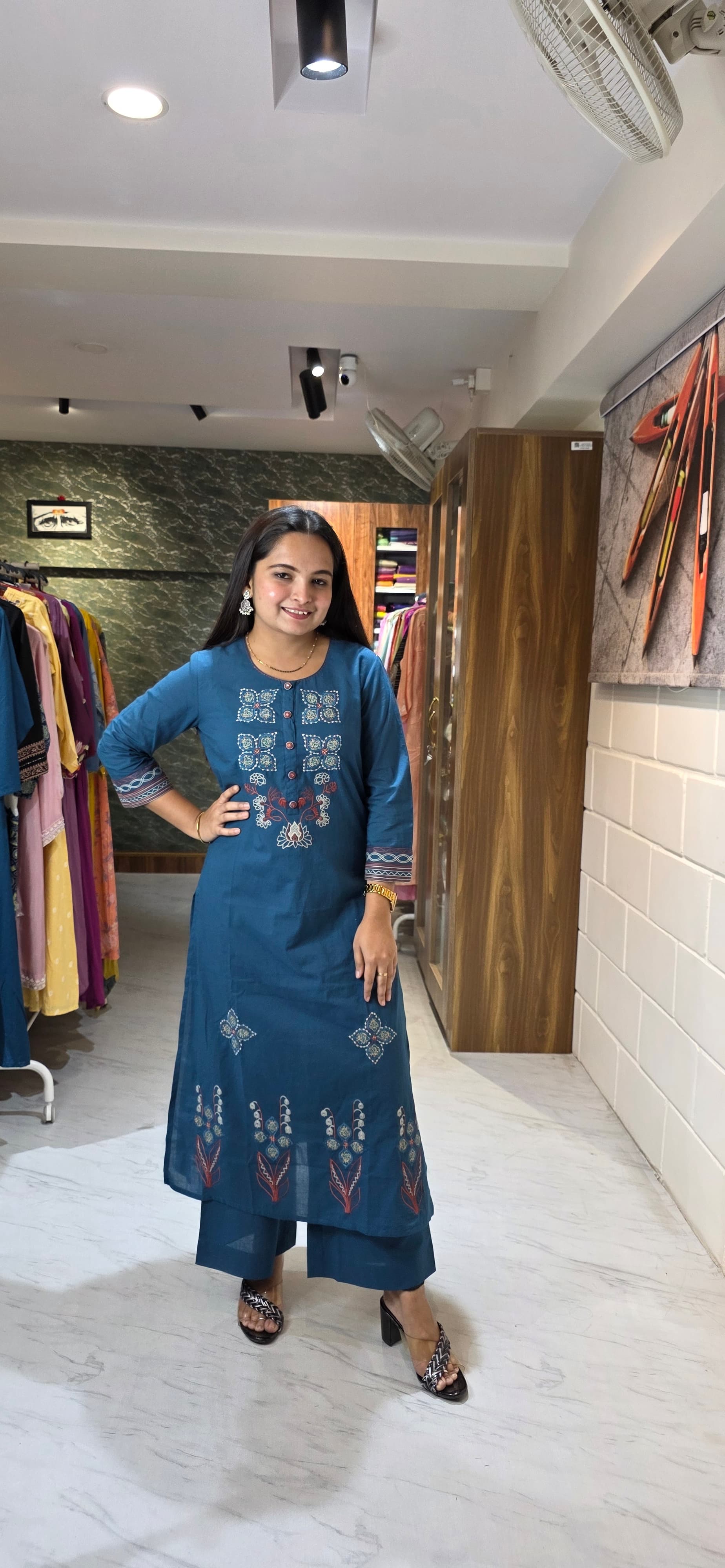 eal Blue Appliqué & Thread Work Kurta Set with Ajrakh Dupatta view 2