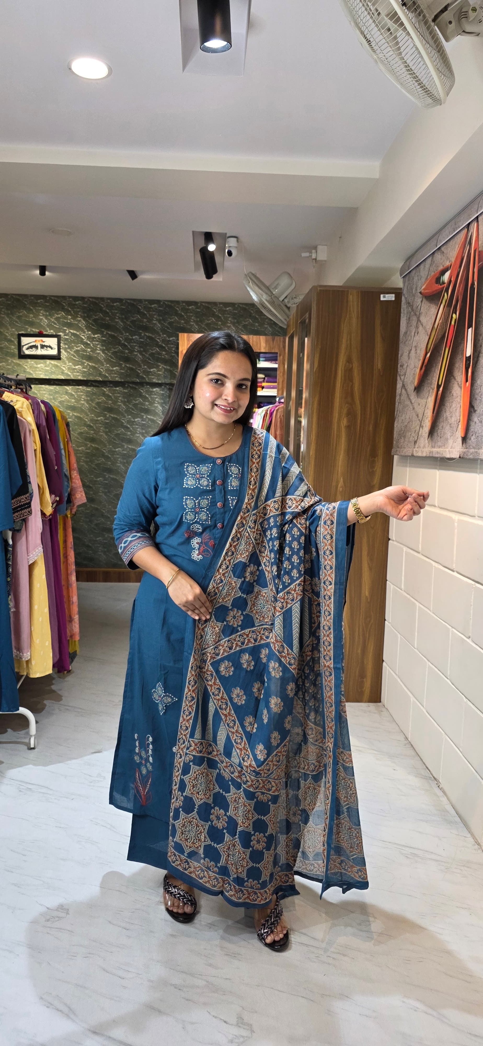 eal Blue Appliqué & Thread Work Kurta Set with Ajrakh Dupatta view 3