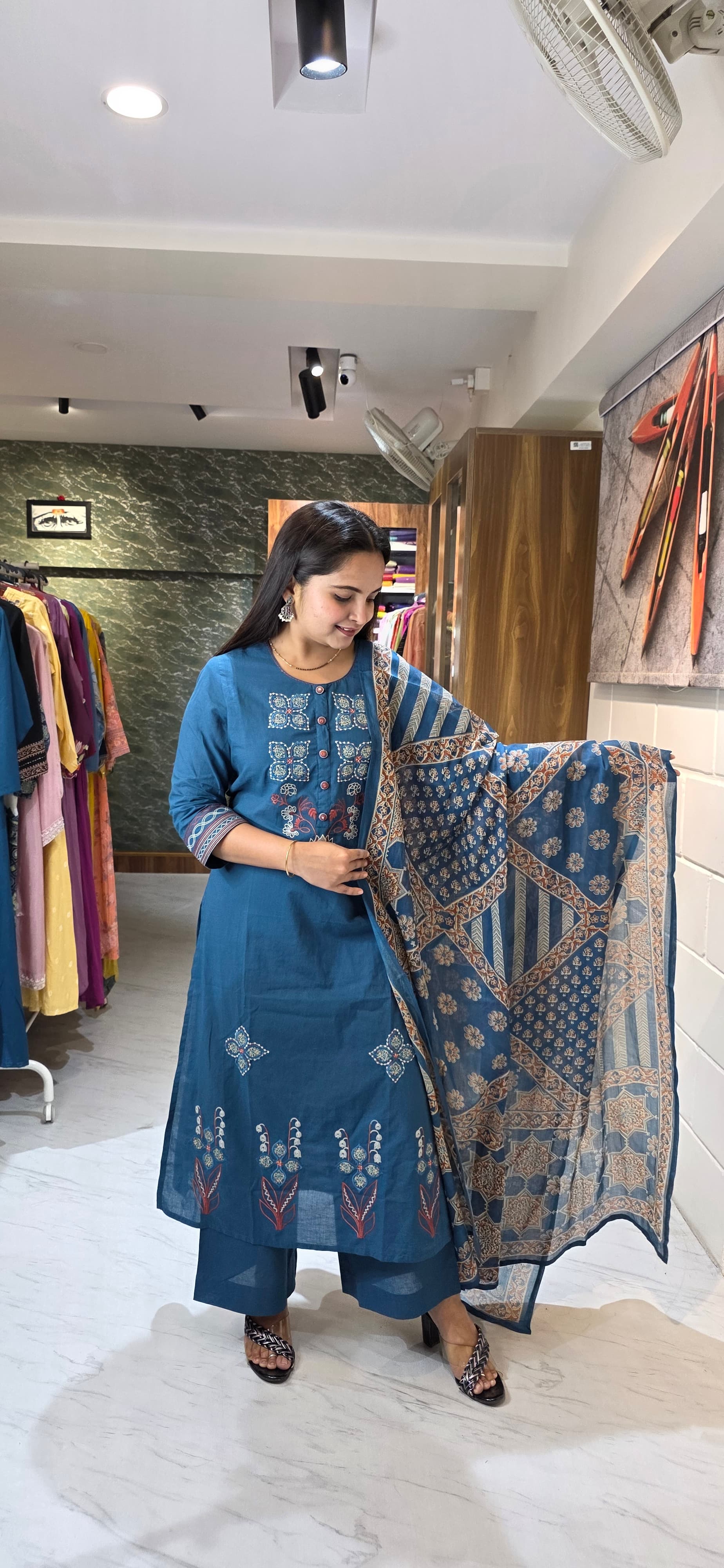 eal Blue Appliqué & Thread Work Kurta Set with Ajrakh Dupatta view 4