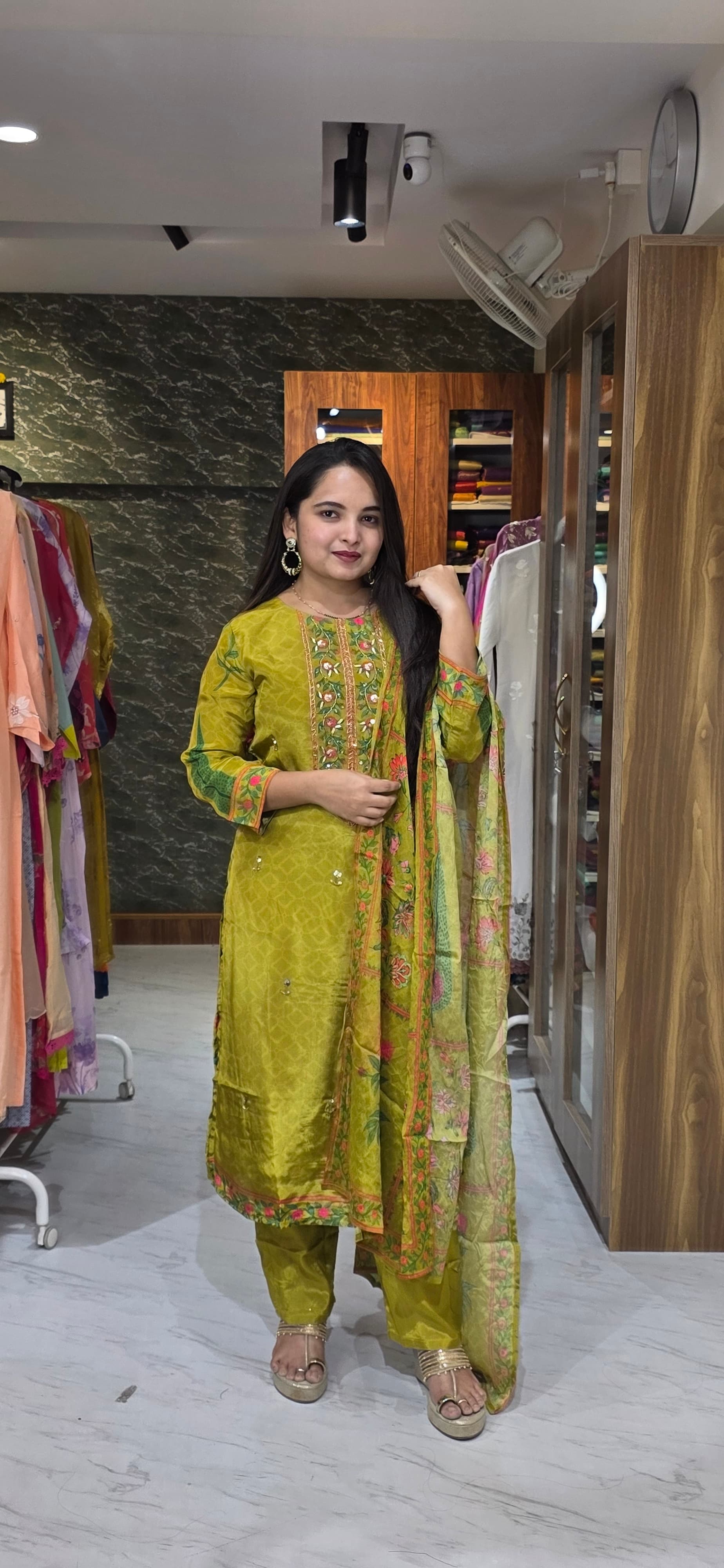 Premium Crepe Silk Mustard Green Floral Embroidered Kurta Set