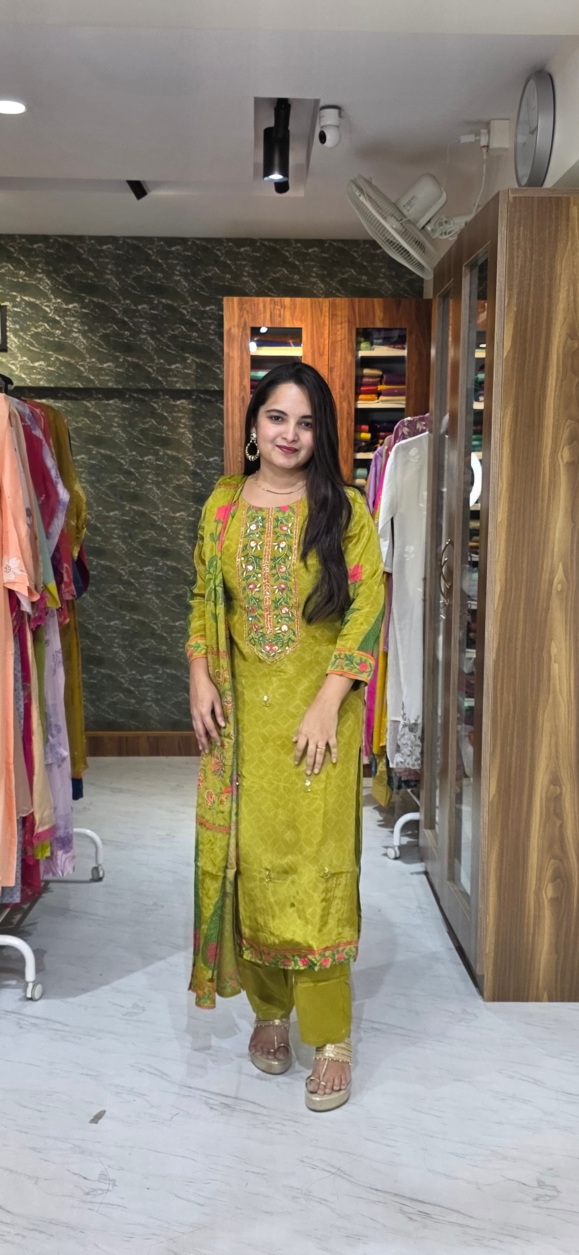 Premium Crepe Silk Mustard Green Floral Embroidered Kurta Set view 2