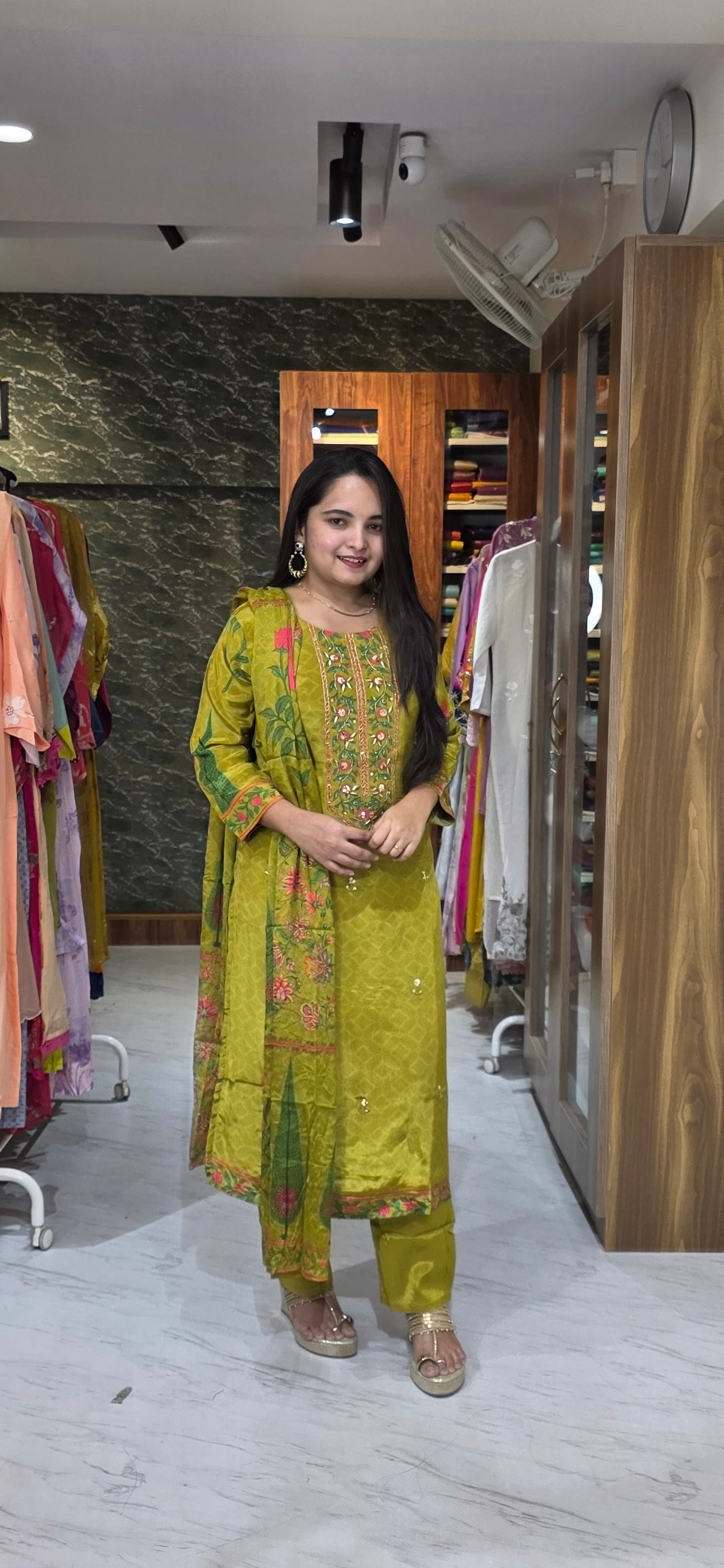 Premium Crepe Silk Mustard Green Floral Embroidered Kurta Set view 3