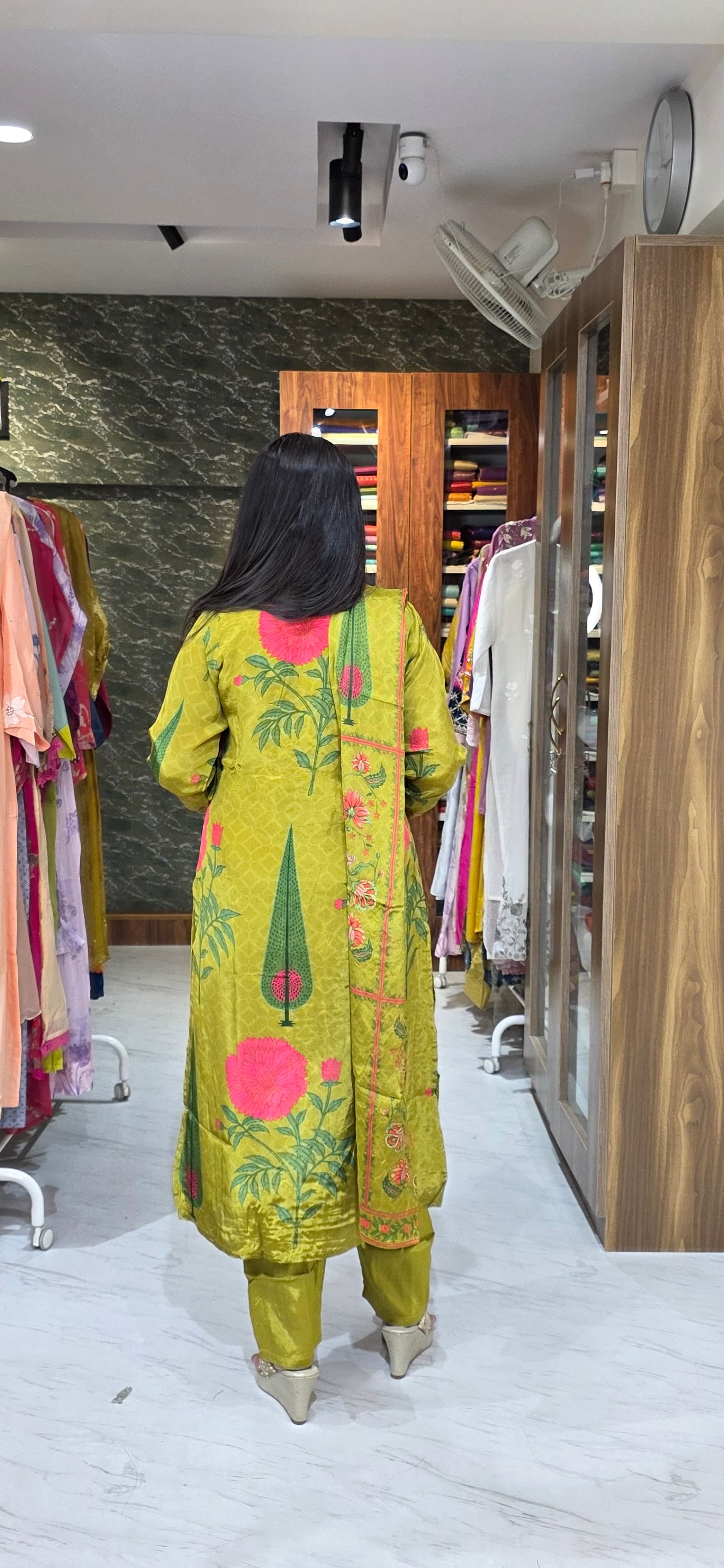 Premium Crepe Silk Mustard Green Floral Embroidered Kurta Set view 4