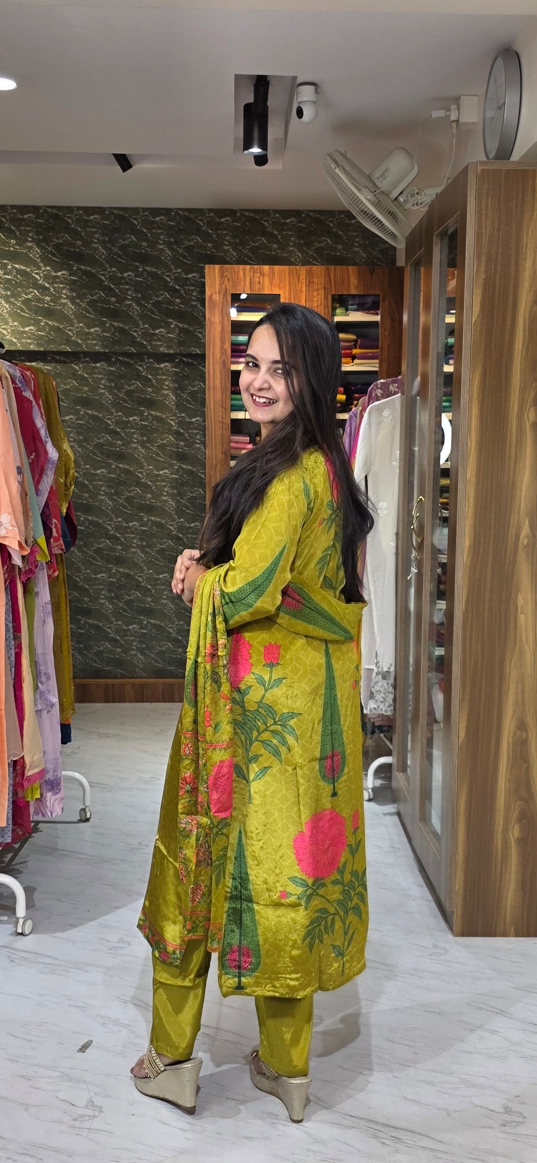 Premium Crepe Silk Mustard Green Floral Embroidered Kurta Set view 5