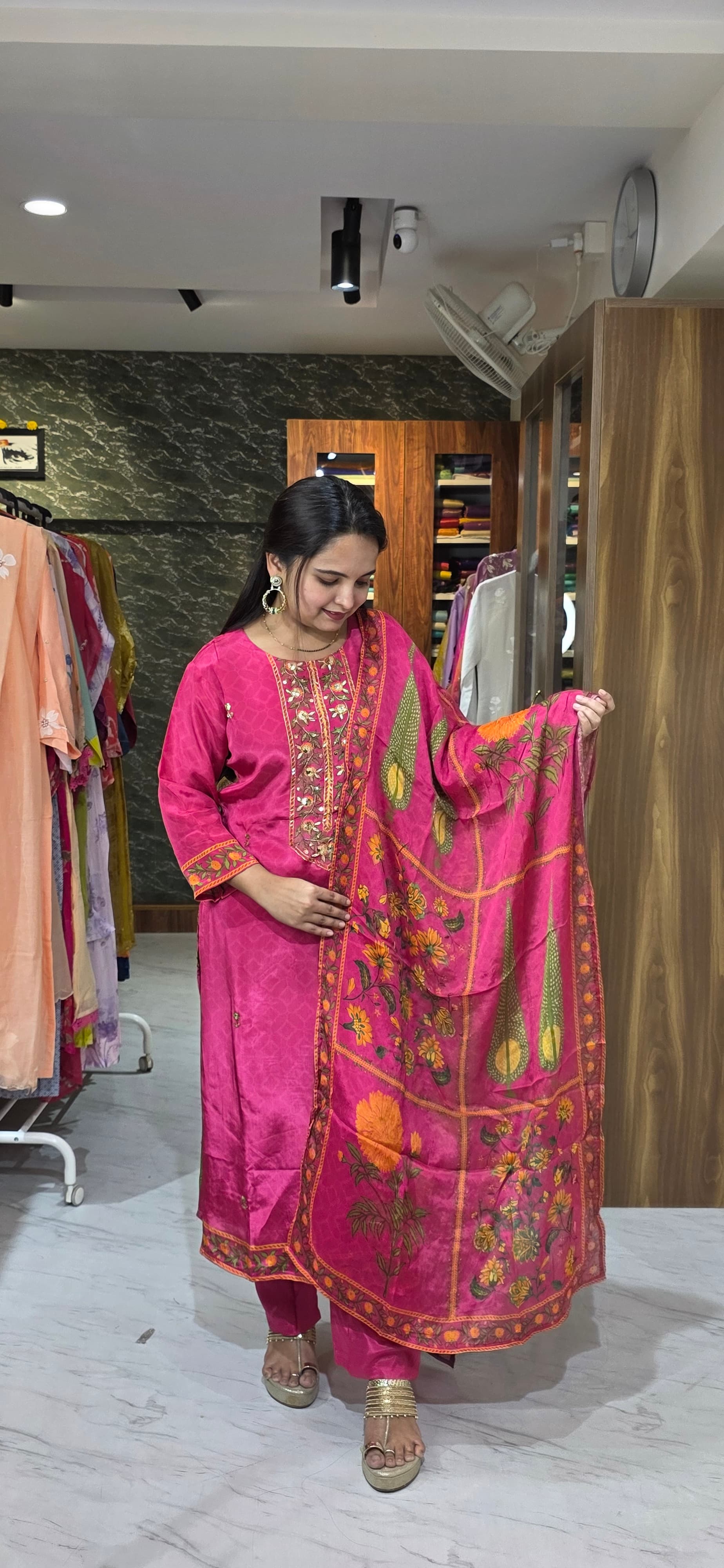 Rani Pink Embroidered Crepe Silk Suit Set with Floral Dupatta