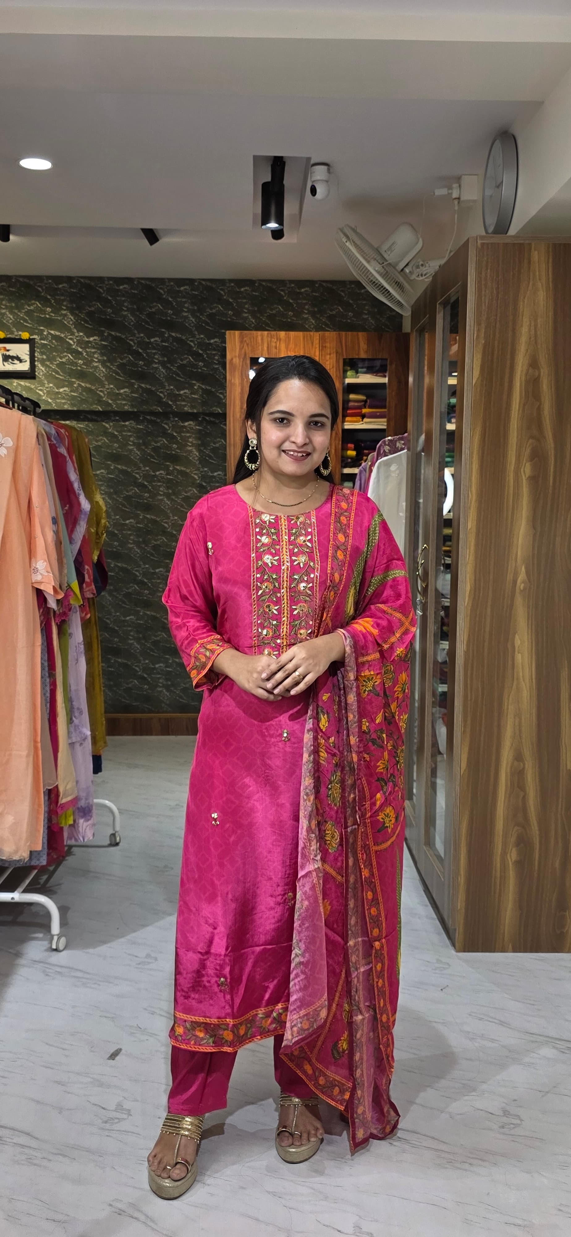 Rani Pink Embroidered Crepe Silk Suit Set with Floral Dupatta view 2