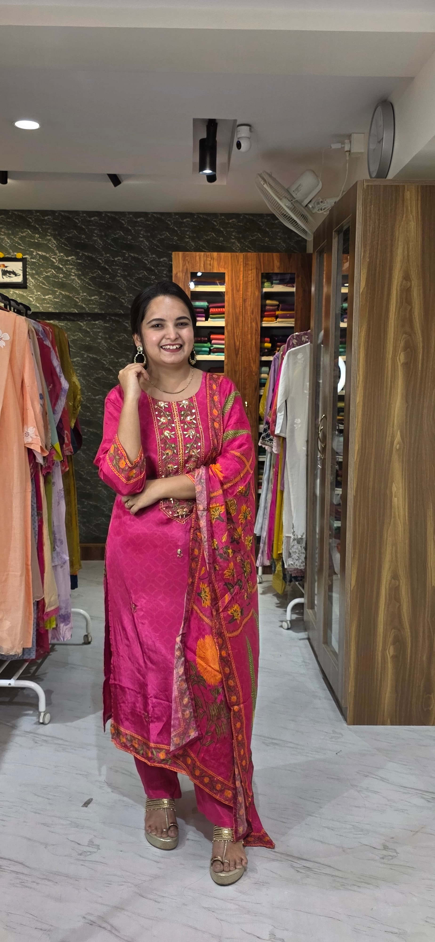 Rani Pink Embroidered Crepe Silk Suit Set with Floral Dupatta view 3