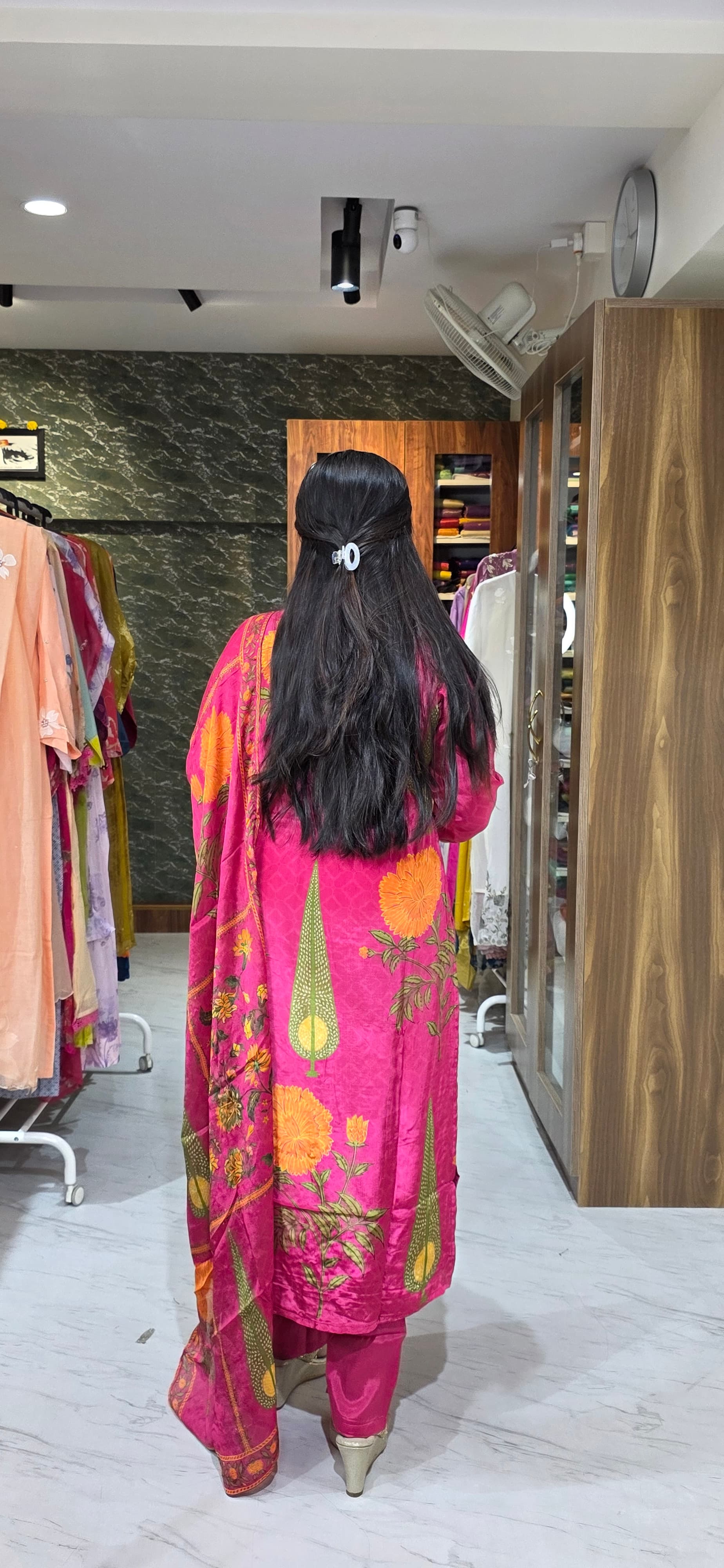 Rani Pink Embroidered Crepe Silk Suit Set with Floral Dupatta view 4