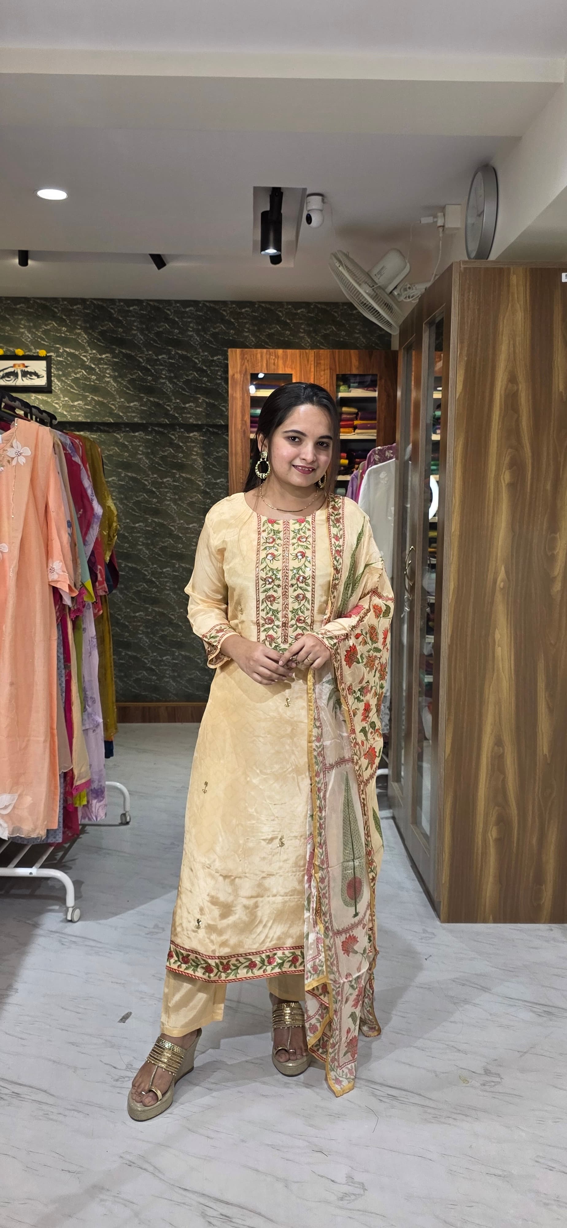 Beige Crepe Silk Zardozi Embroidered Suit Set with Floral view 2