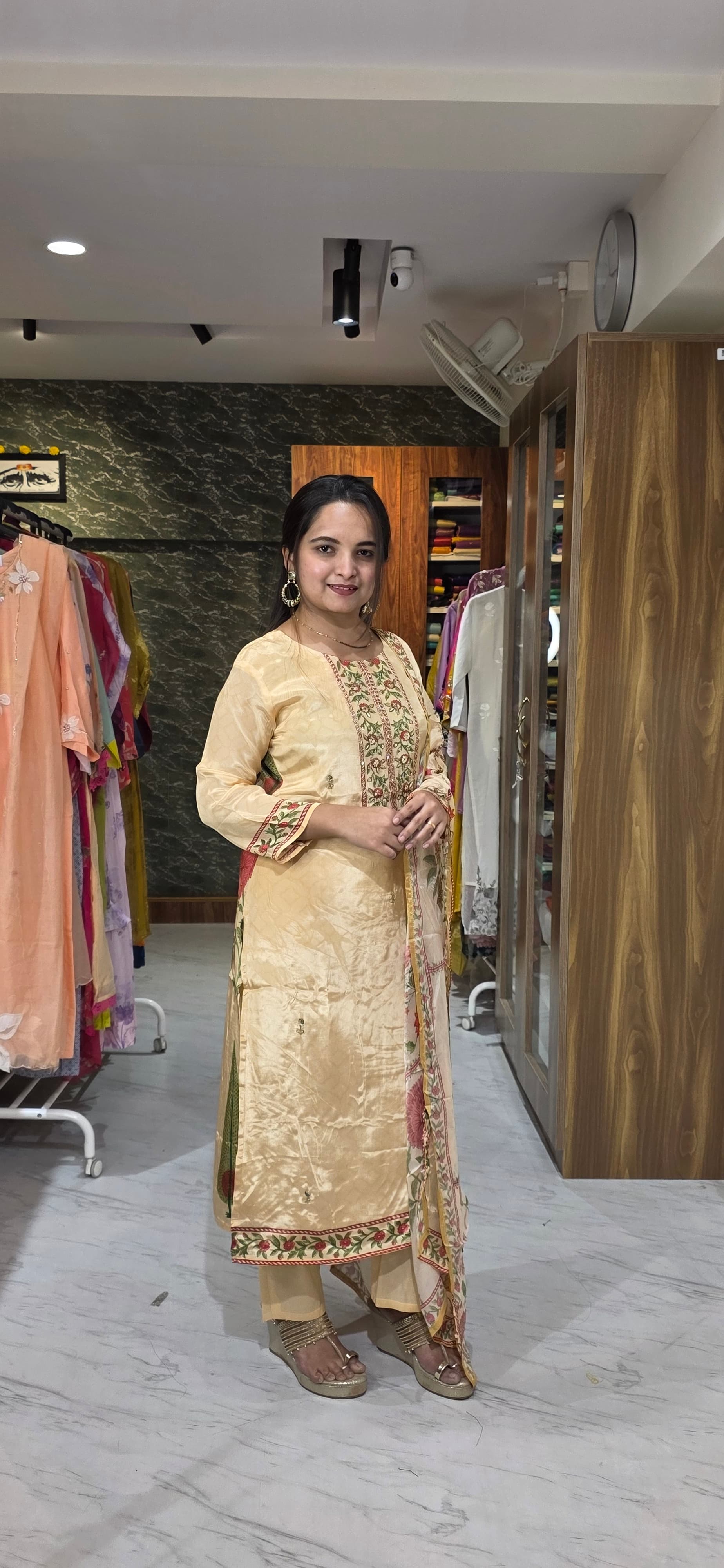 Beige Crepe Silk Zardozi Embroidered Suit Set with Floral view 3