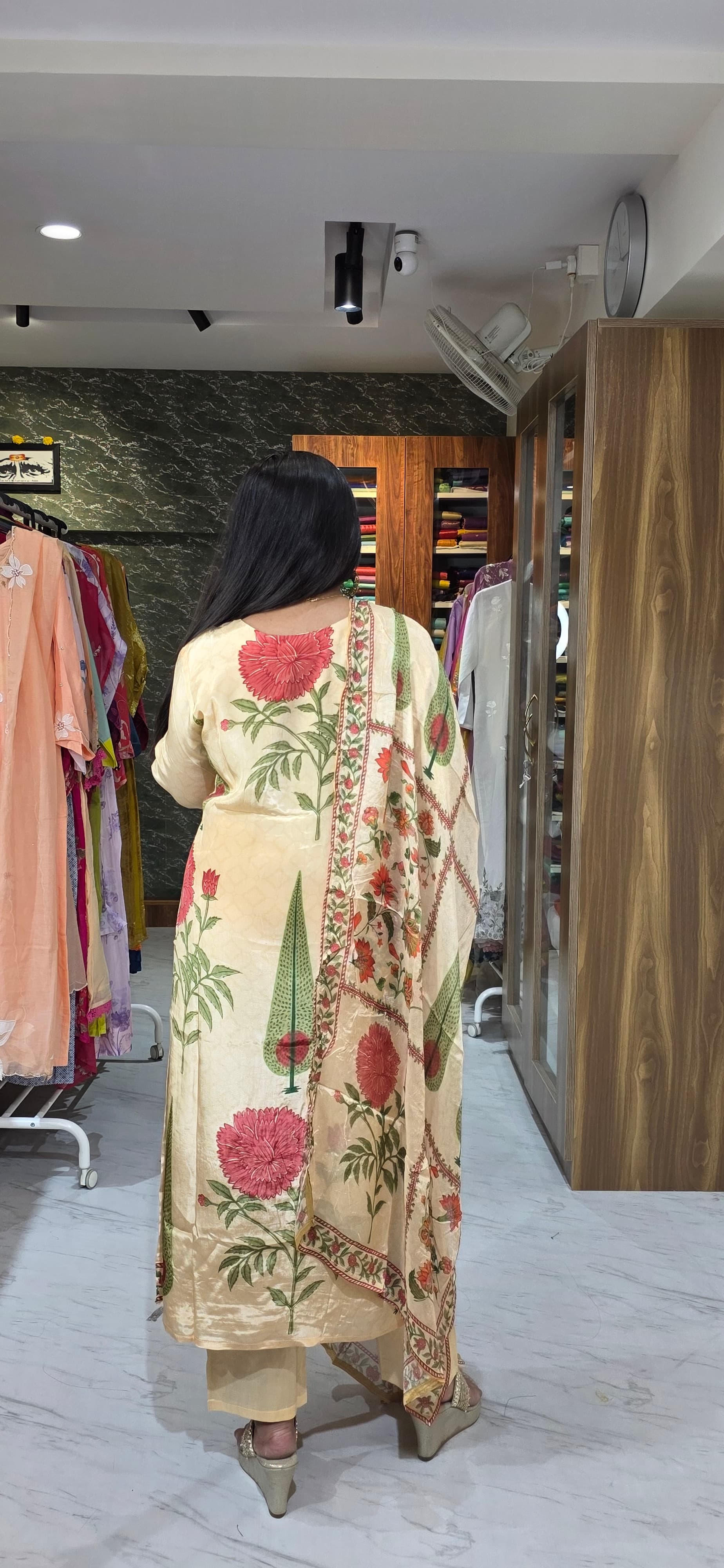 Beige Crepe Silk Zardozi Embroidered Suit Set with Floral view 4