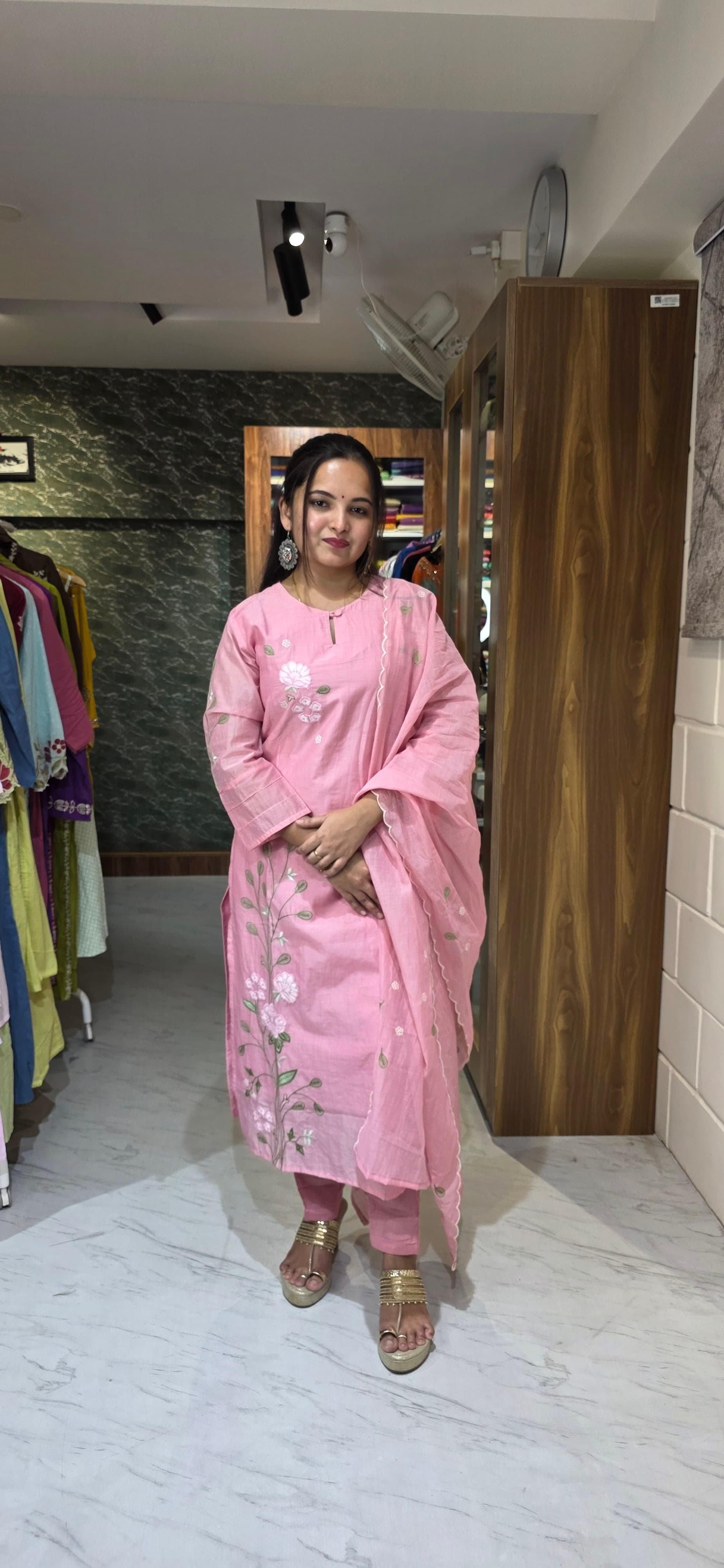 Blush Pink Embroidered Mul Chanderi Suit Set with Scallop Dupatta view 5