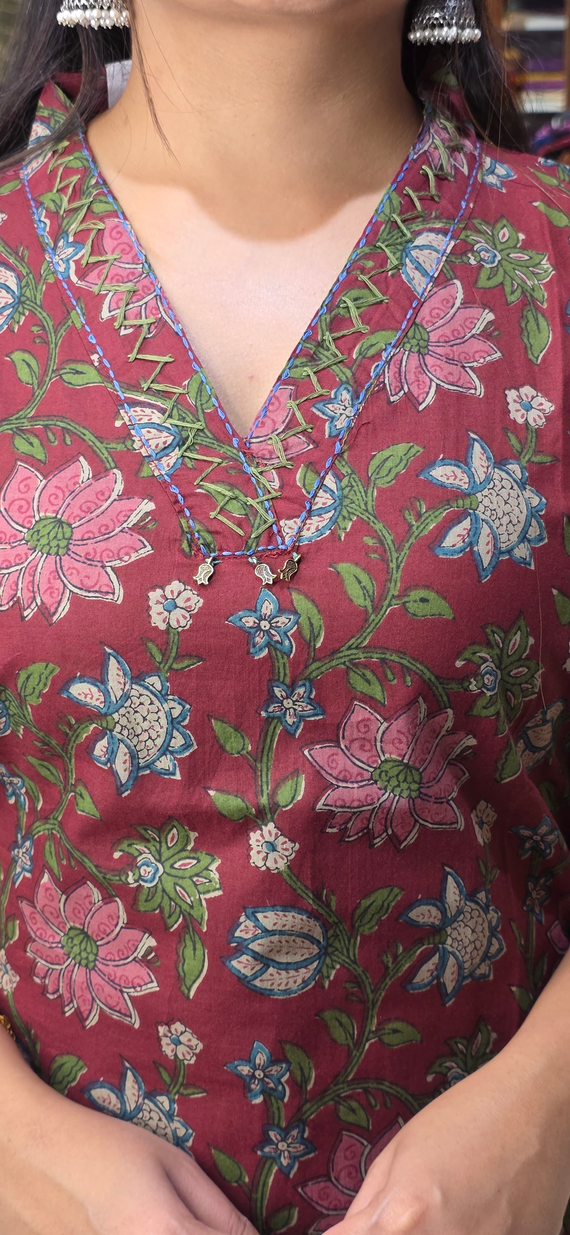 Rust Brown Floral Print V-Neck Kurta Set - Premium Cotton