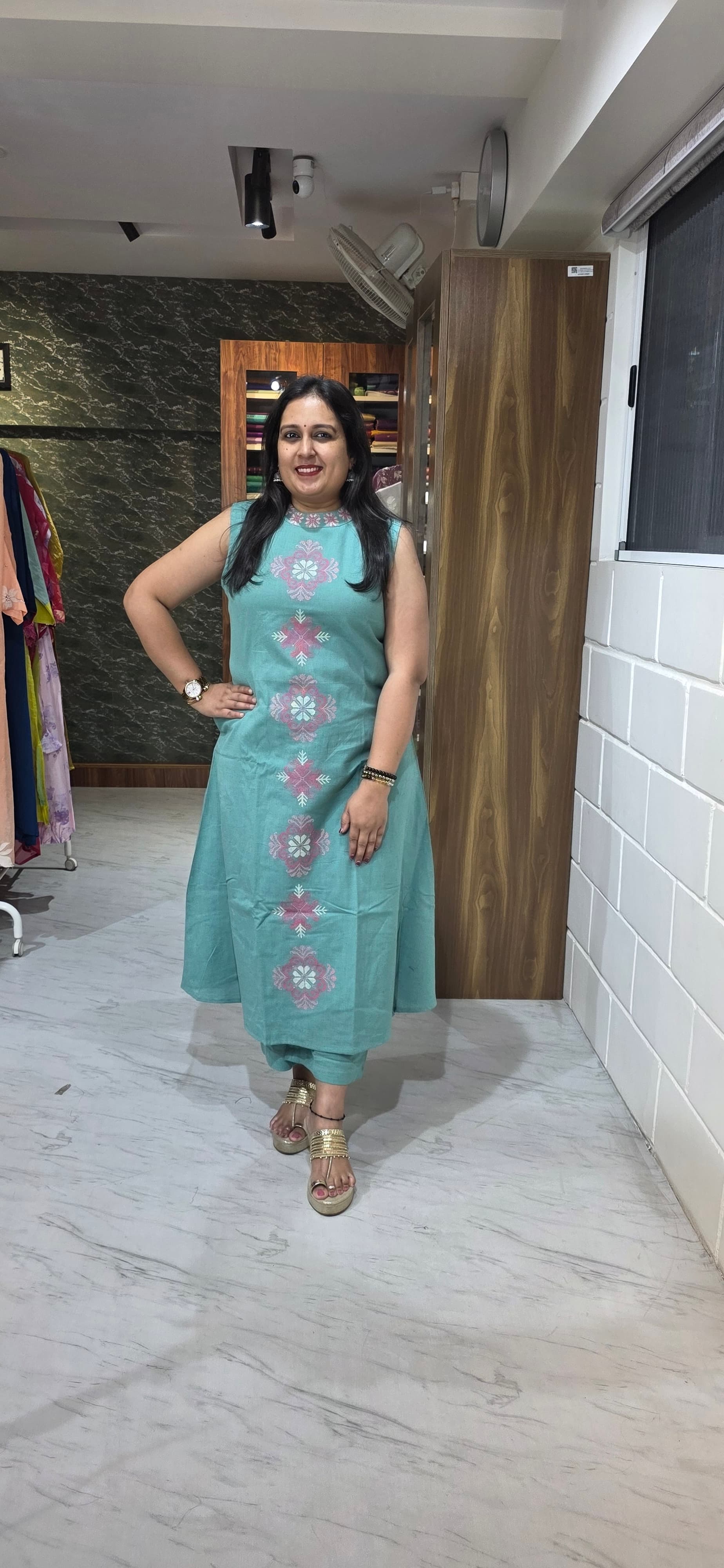 Sea Green Premium Flex Cotton Embroidered Kurta Set view 3