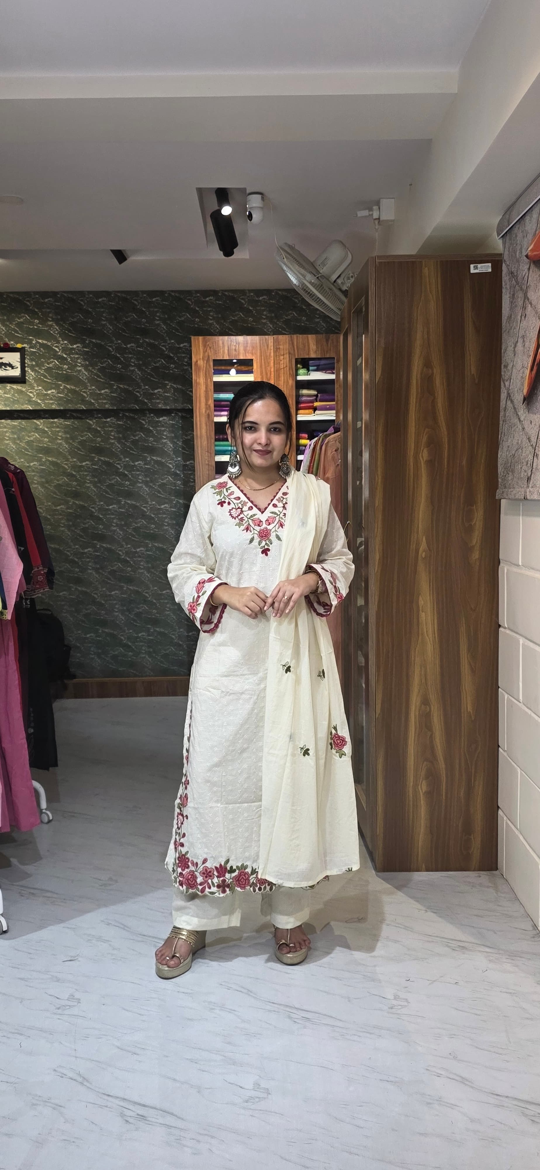 Premium Schiffli Cotton Off-White Red Floral Embroidered Kurta Set