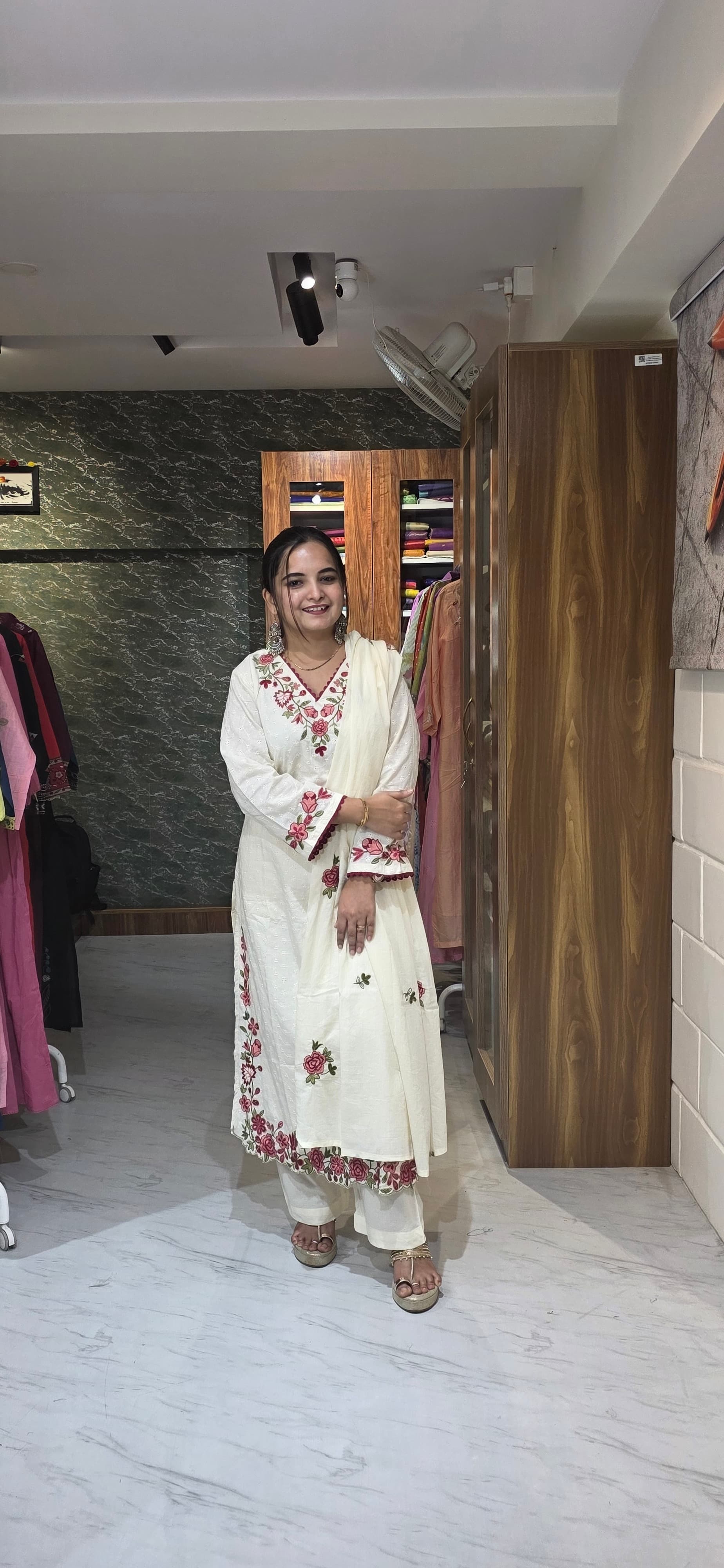 Premium Schiffli Cotton Off-White Red Floral Embroidered Kurta Set view 4