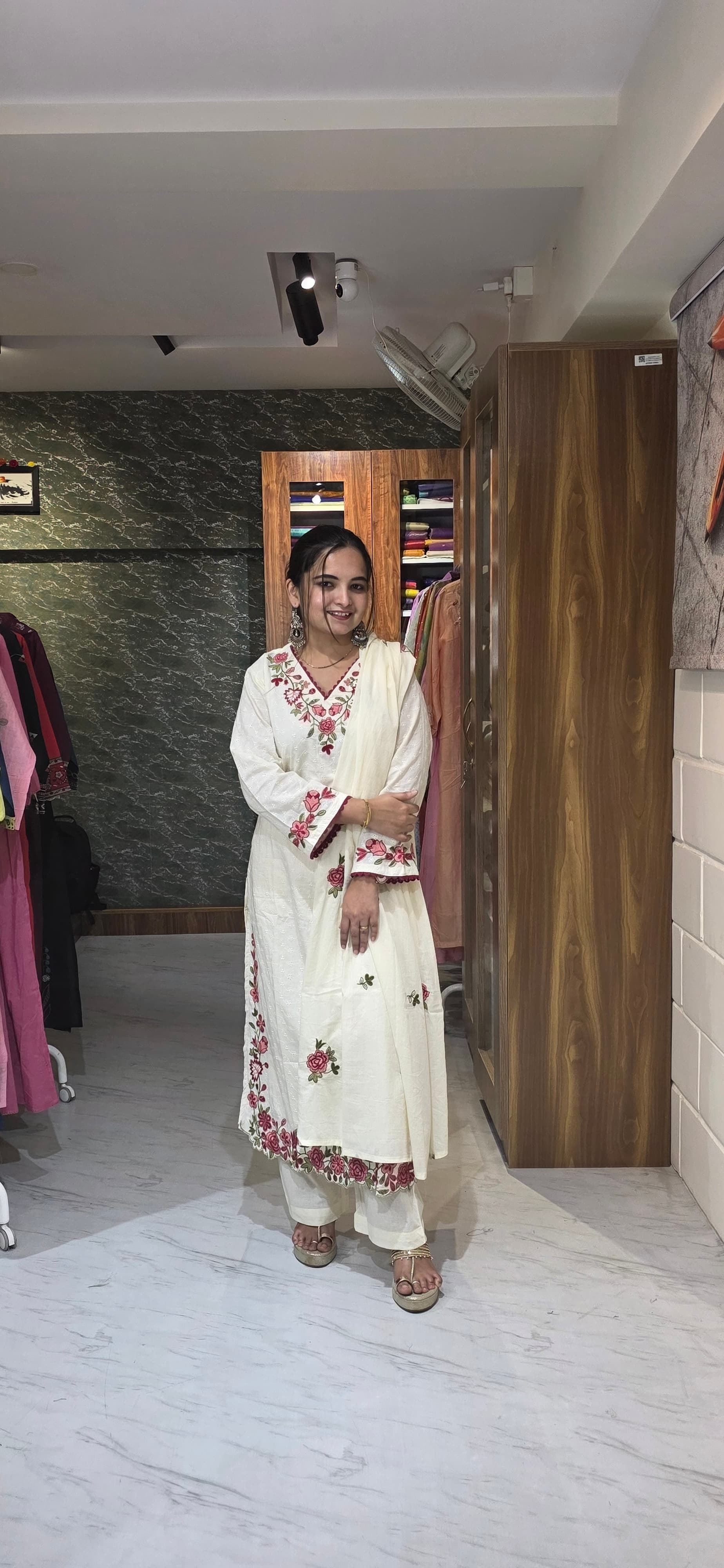 Premium Schiffli Cotton Off-White Red Floral Embroidered Kurta Set view 5