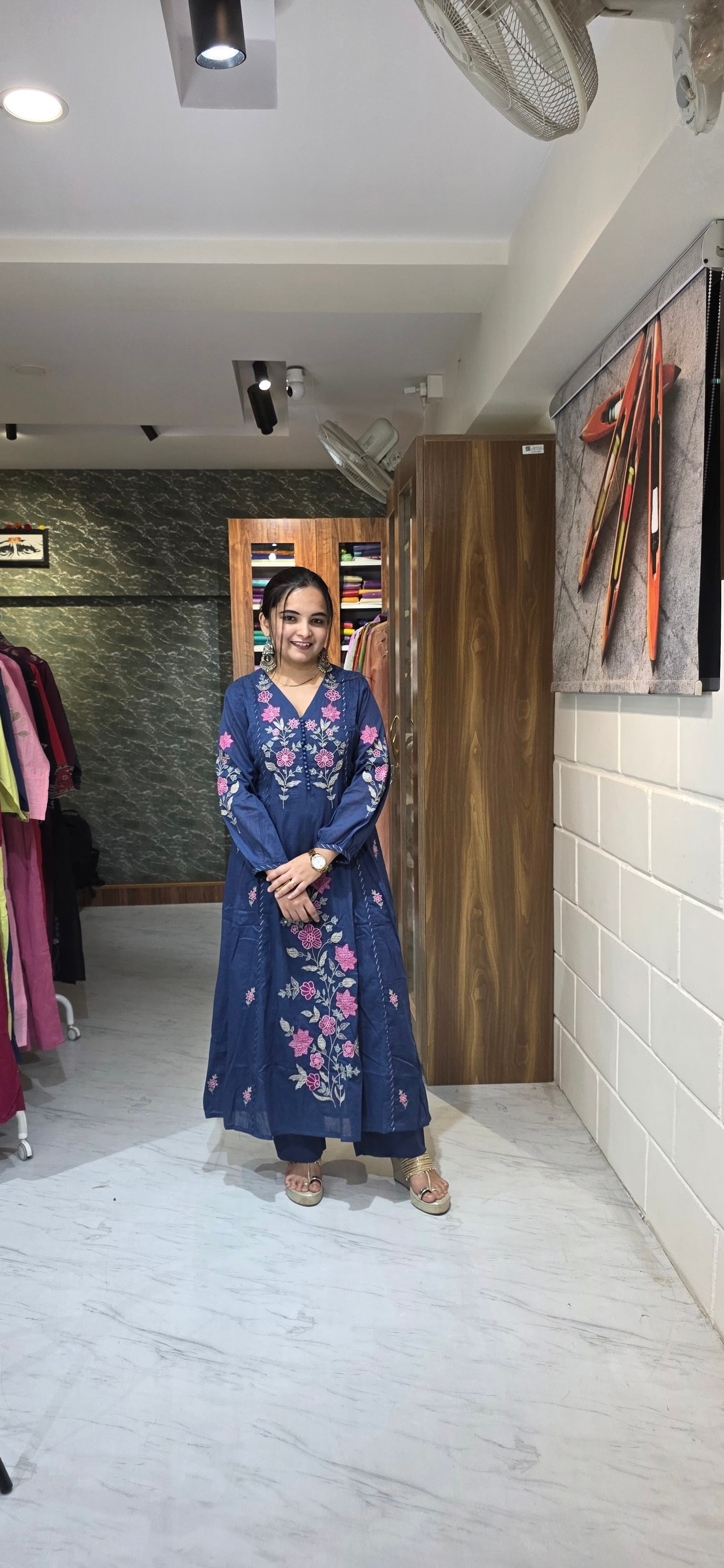 Premium Mul Cotton Navy Blue Embroidered A-Line Kurta Set