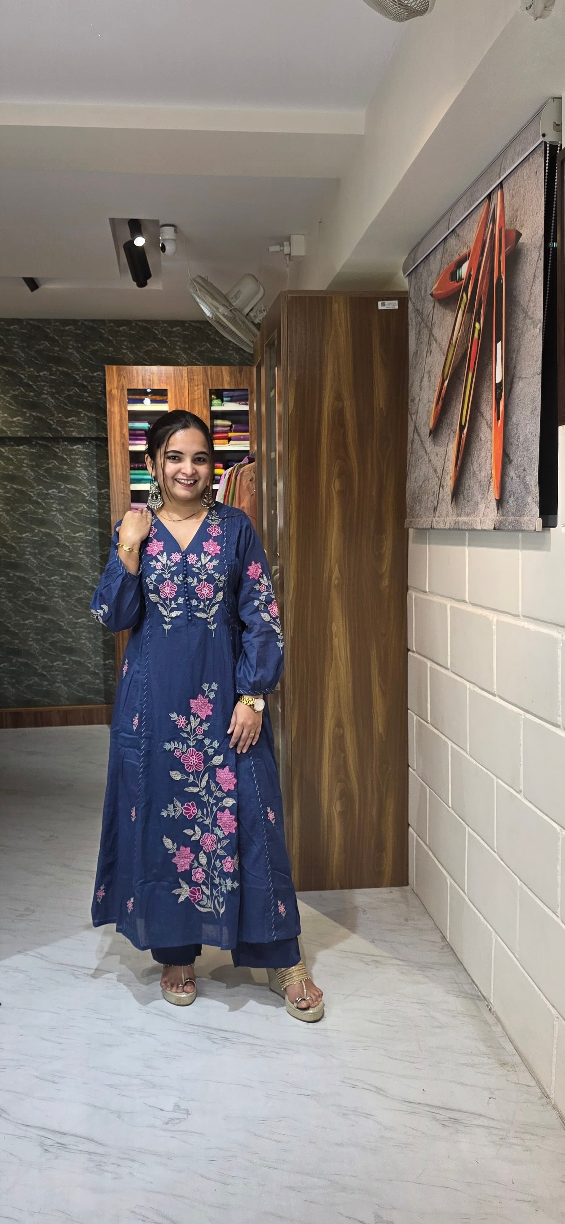 Premium Mul Cotton Navy Blue Embroidered A-Line Kurta Set view 2