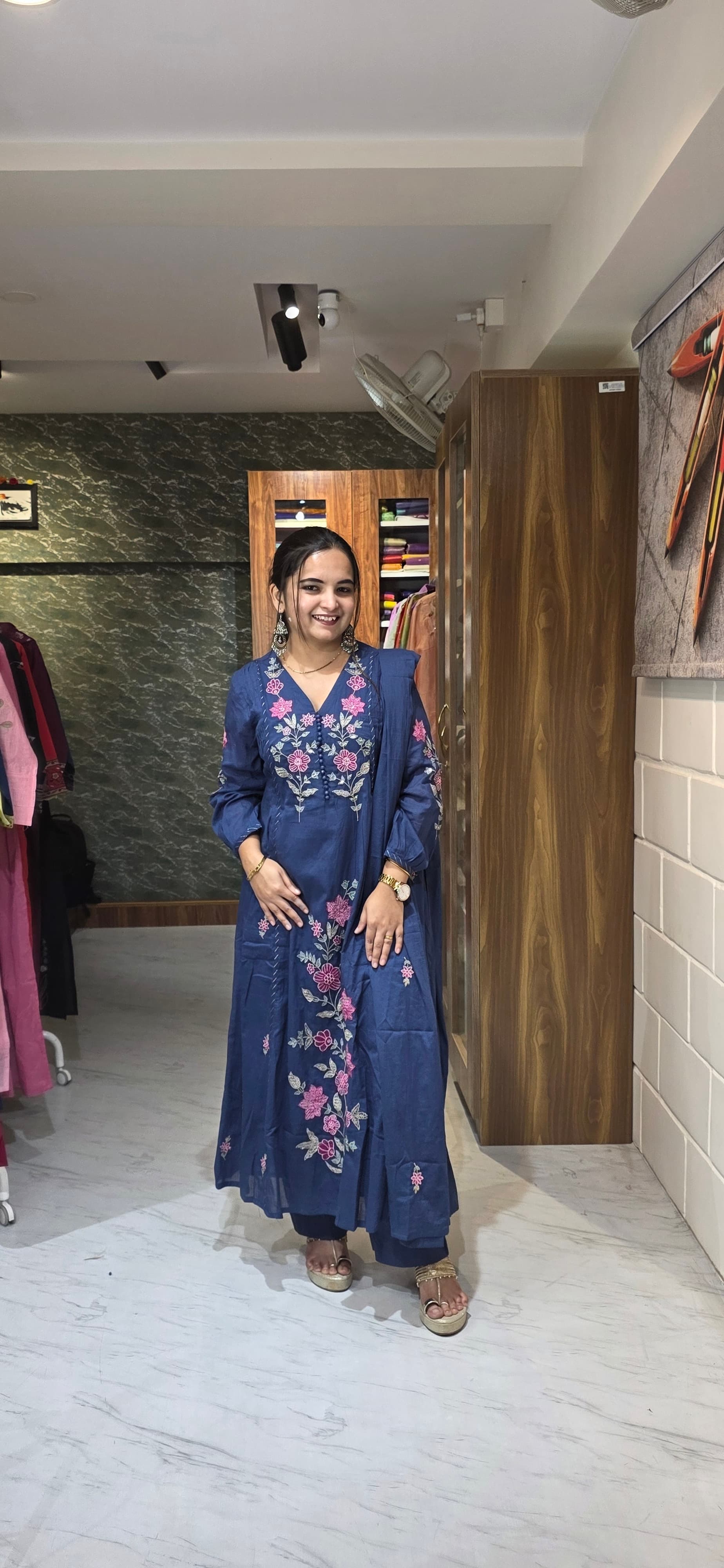 Premium Mul Cotton Navy Blue Embroidered A-Line Kurta Set view 4