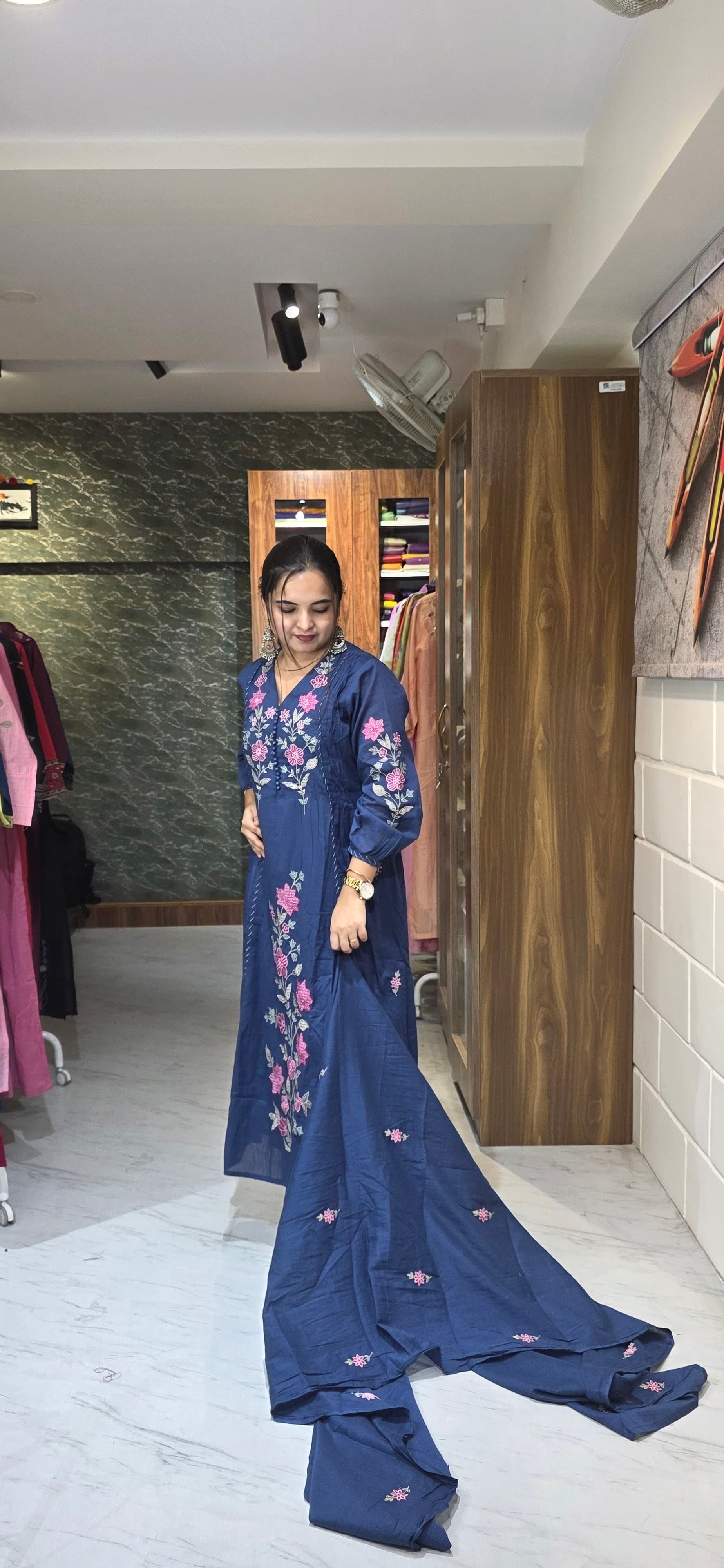 Premium Mul Cotton Navy Blue Embroidered A-Line Kurta Set view 5