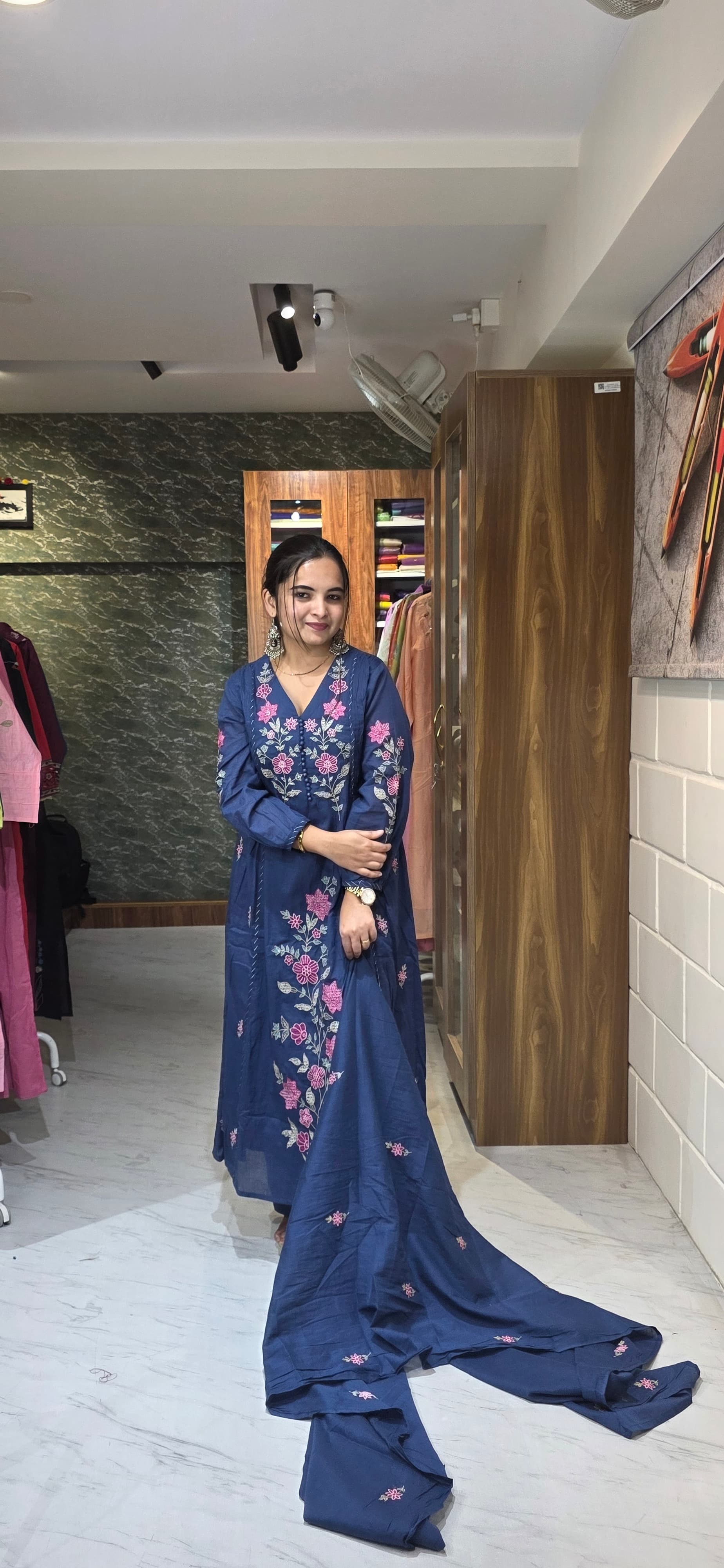 Premium Mul Cotton Navy Blue Embroidered A-Line Kurta Set view 6