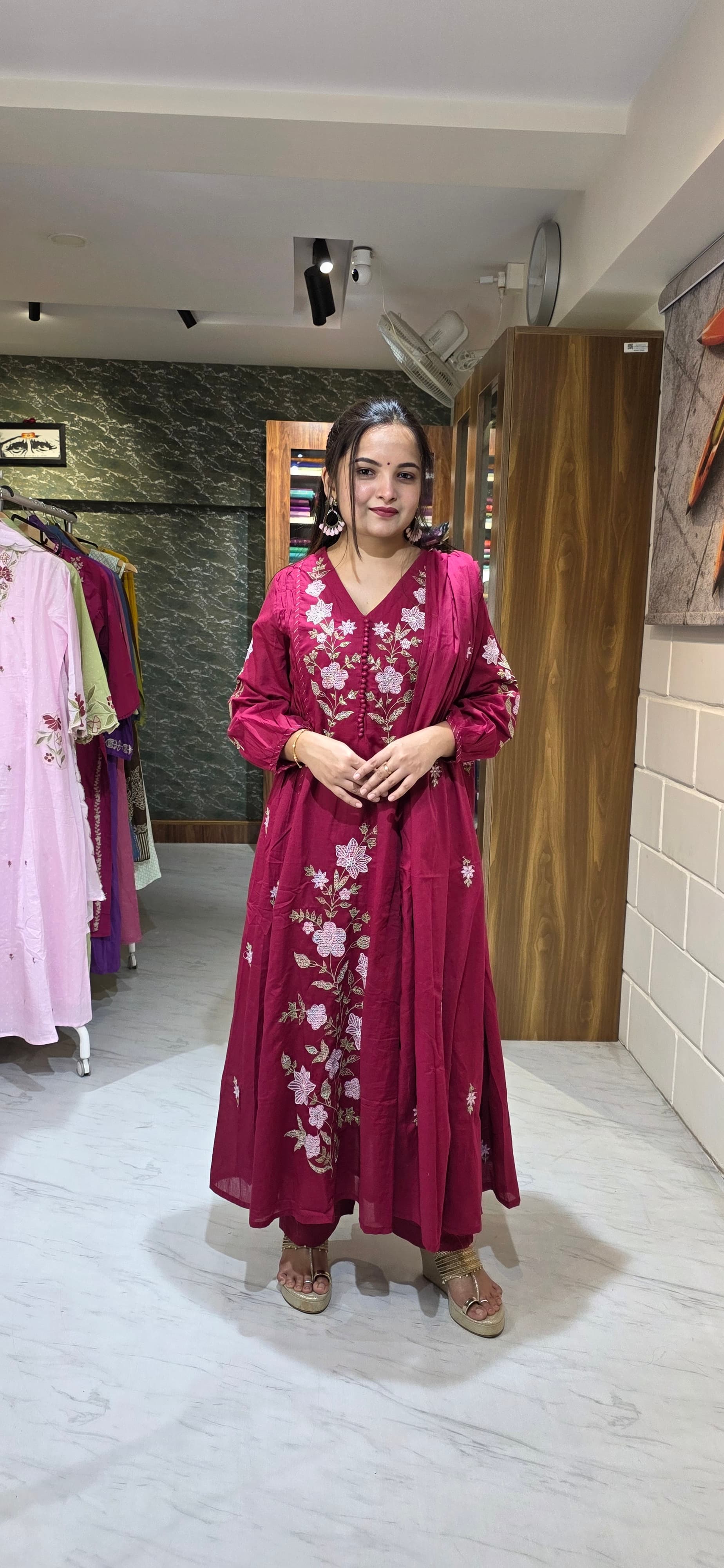 Maroon Premium Mul Cotton Embroidered Suit Set with Dupatta