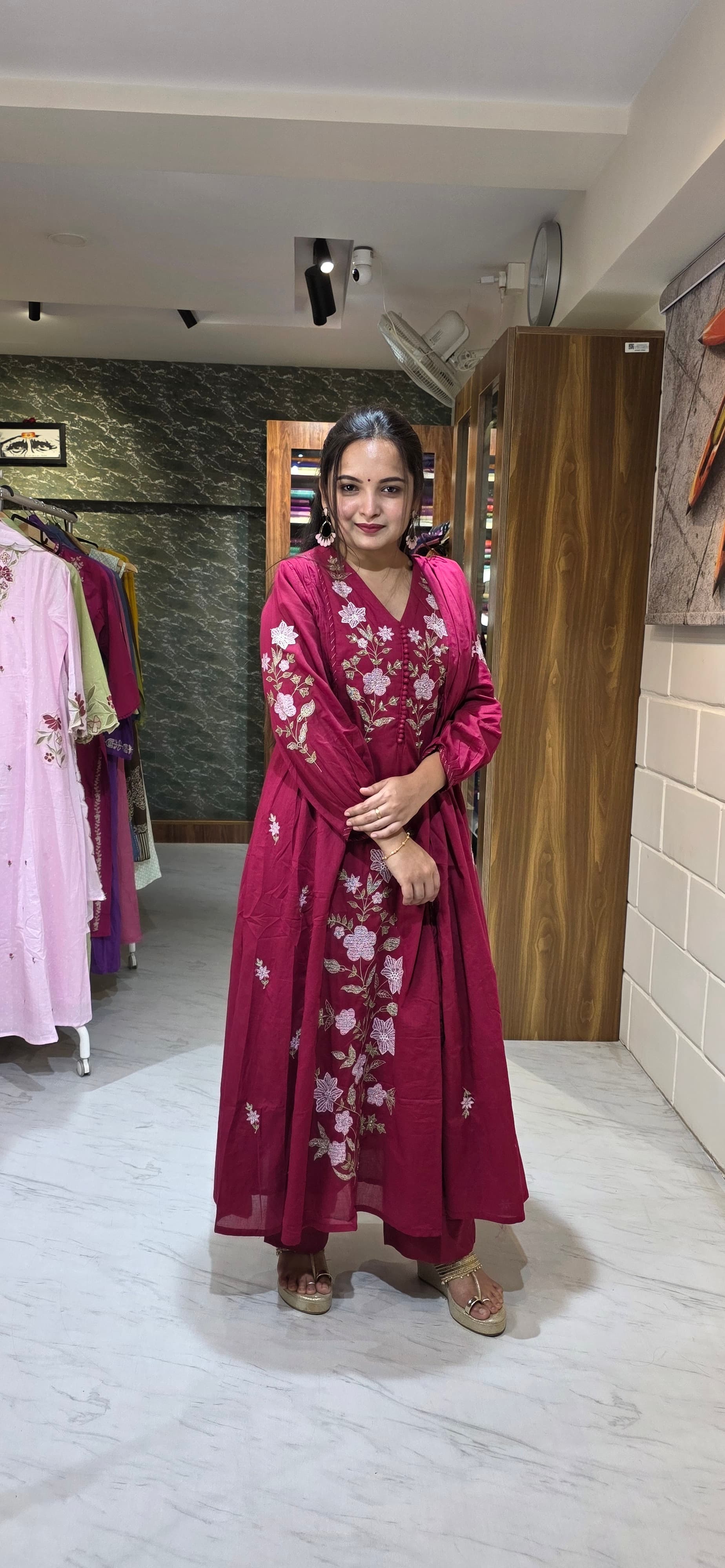 Maroon Premium Mul Cotton Embroidered Suit Set with Dupatta view 2