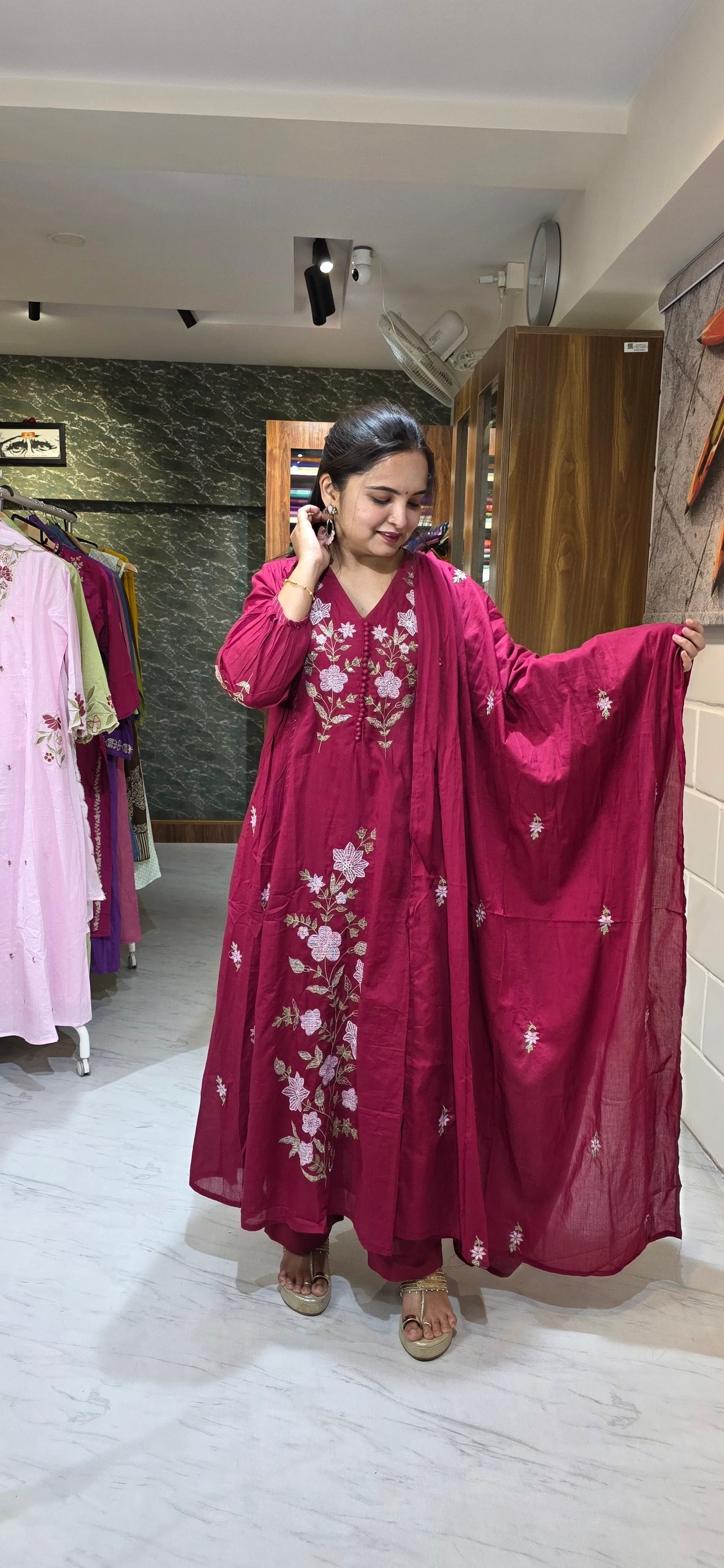 Maroon Premium Mul Cotton Embroidered Suit Set with Dupatta view 3