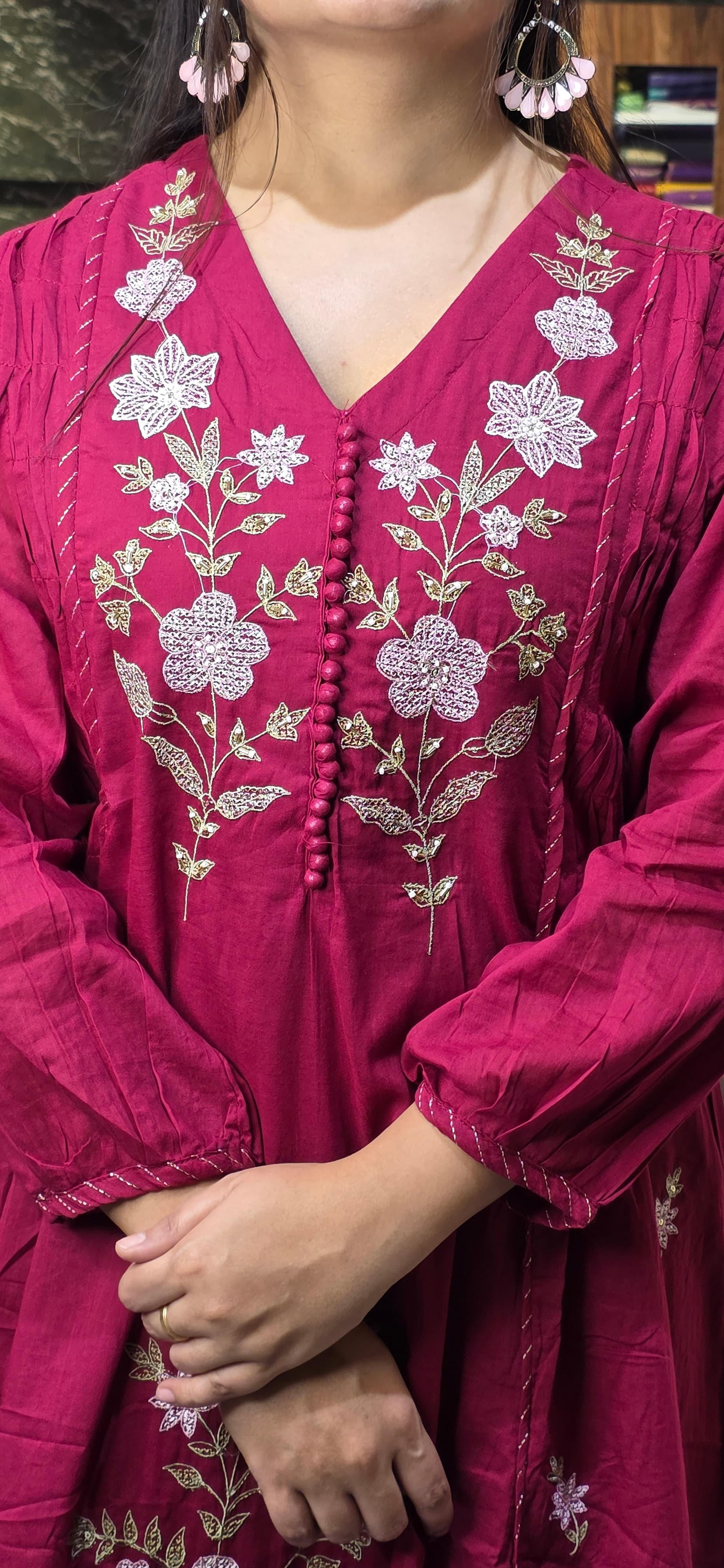 Maroon Premium Mul Cotton Embroidered Suit Set with Dupatta view 4