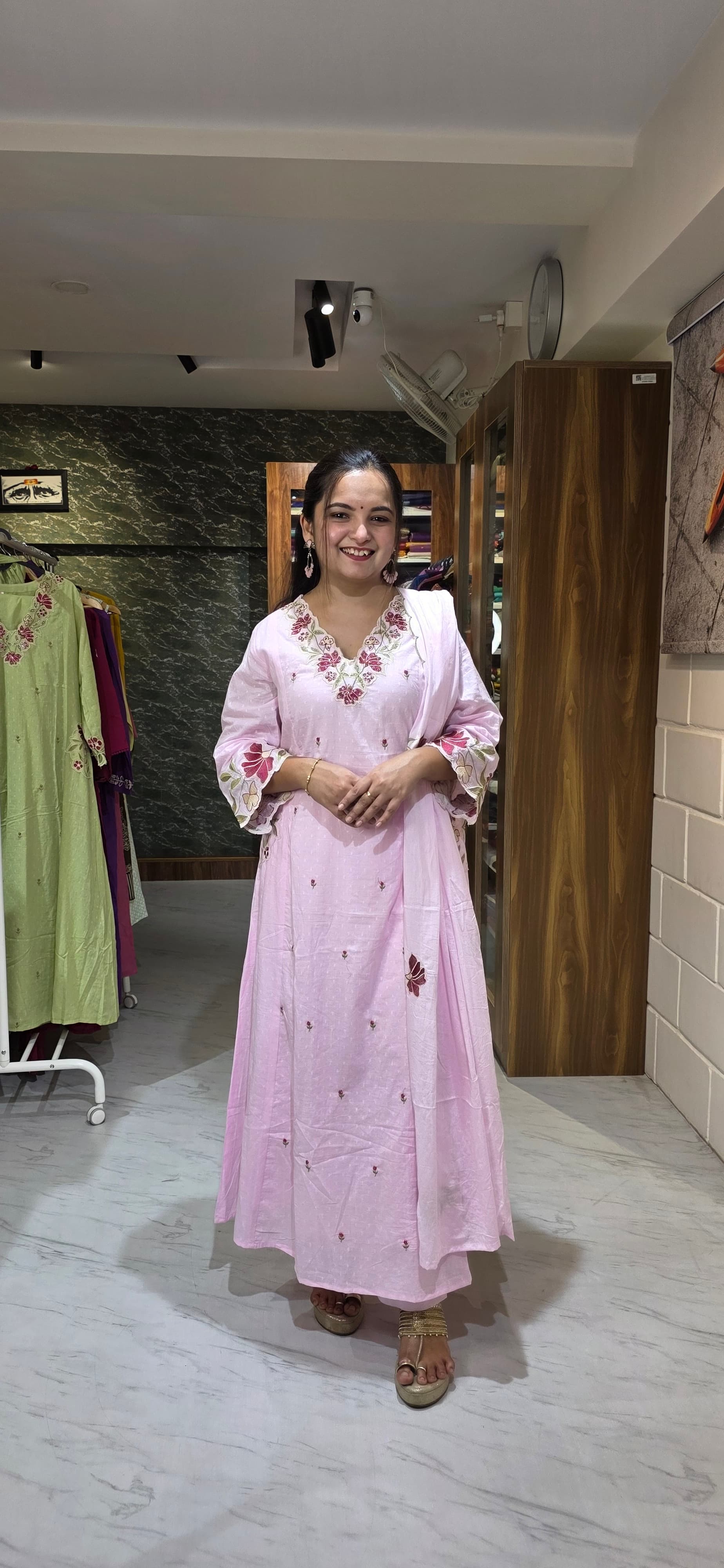 Pastel Pink Embroidered Dobby Cotton A-Line Set with Dupatta