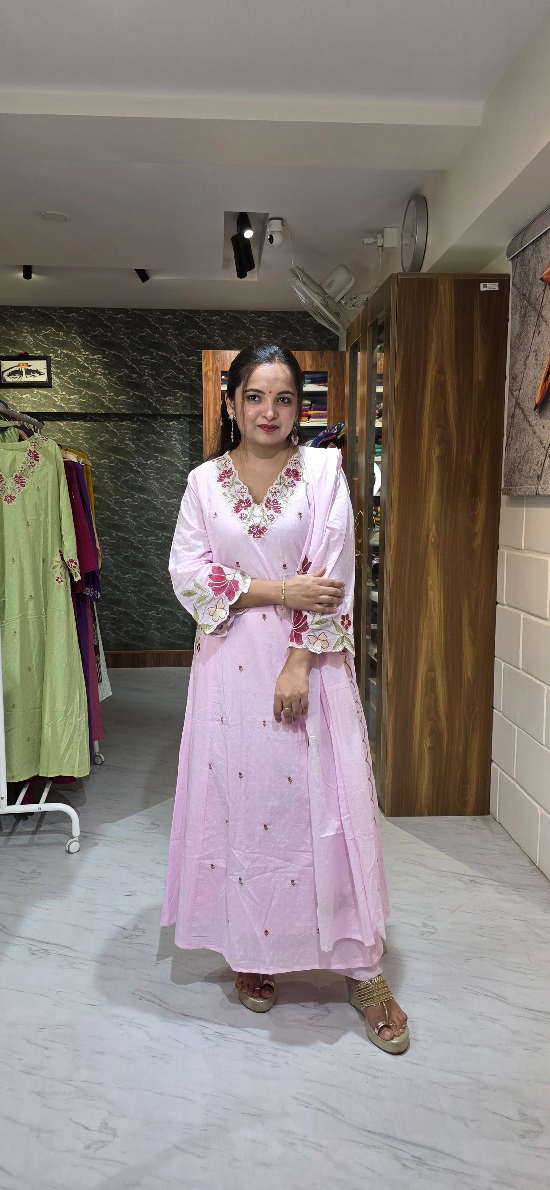 Pastel Pink Embroidered Dobby Cotton A-Line Set with Dupatta view 2