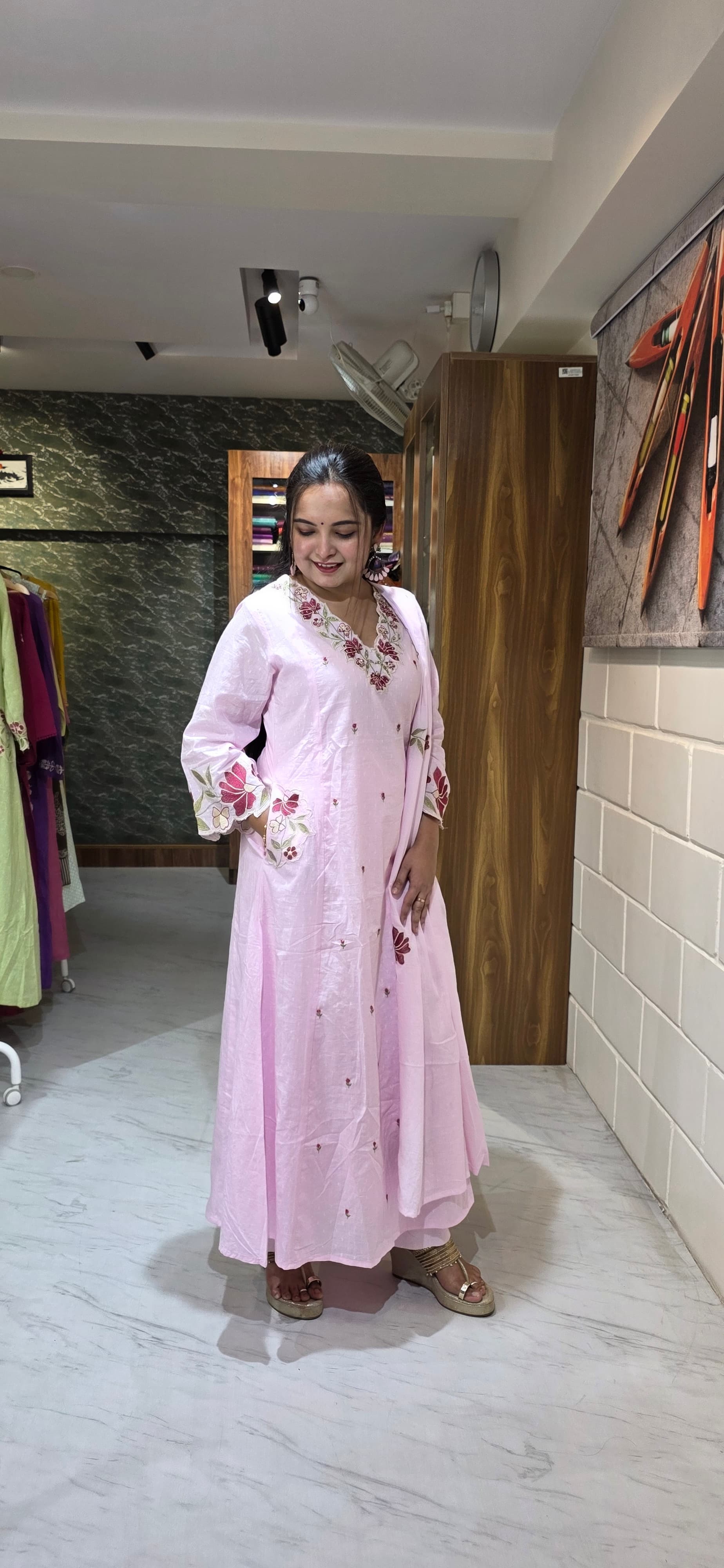 Pastel Pink Embroidered Dobby Cotton A-Line Set with Dupatta view 3