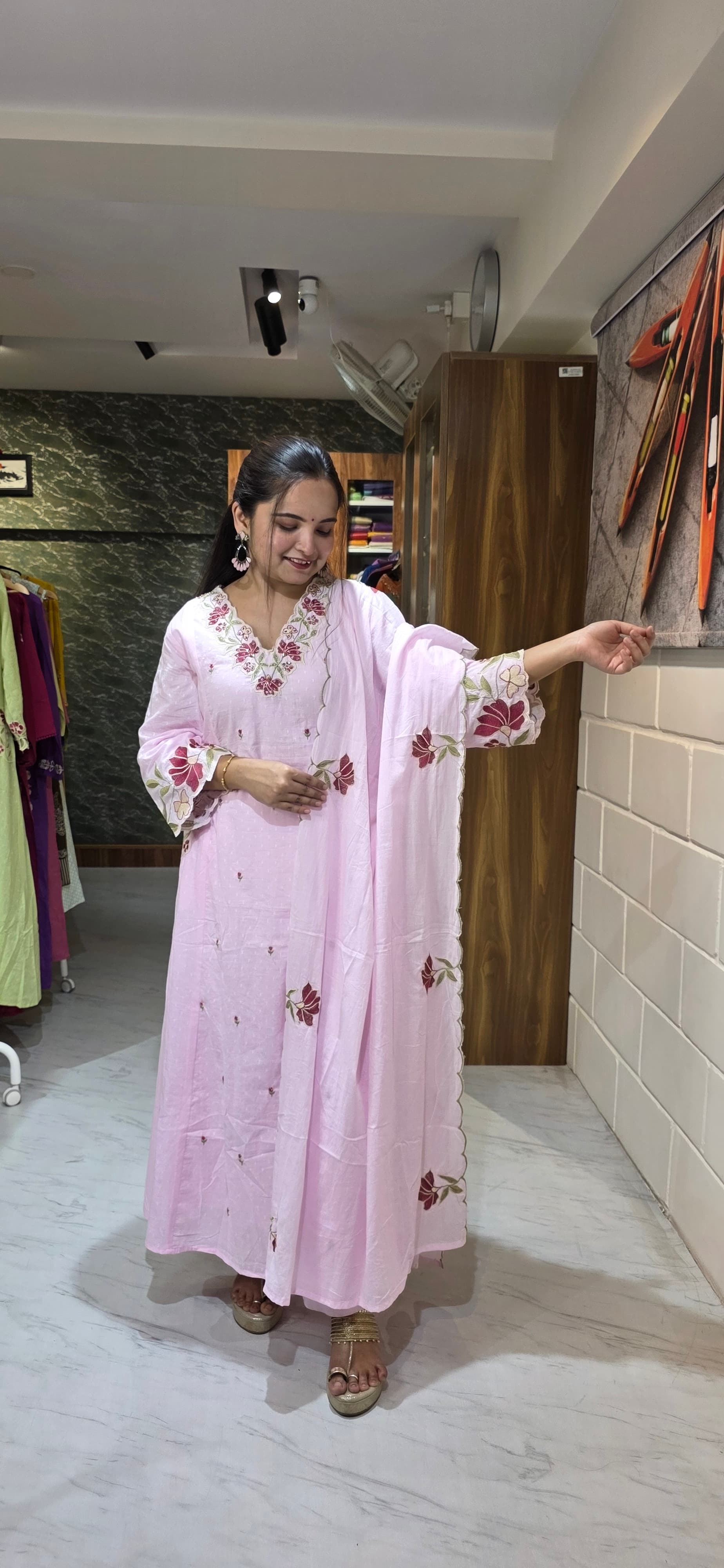Pastel Pink Embroidered Dobby Cotton A-Line Set with Dupatta view 4