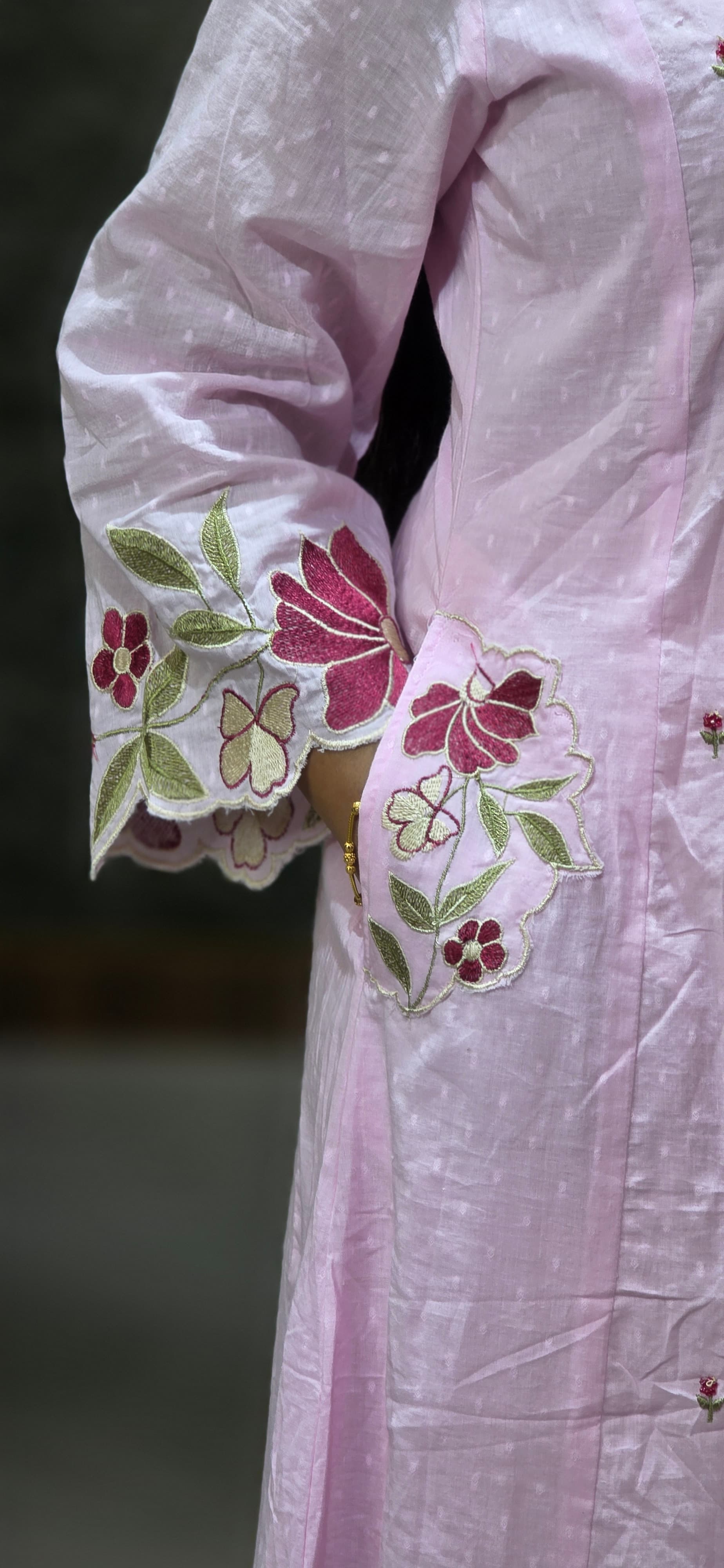 Pastel Pink Embroidered Dobby Cotton A-Line Set with Dupatta view 5