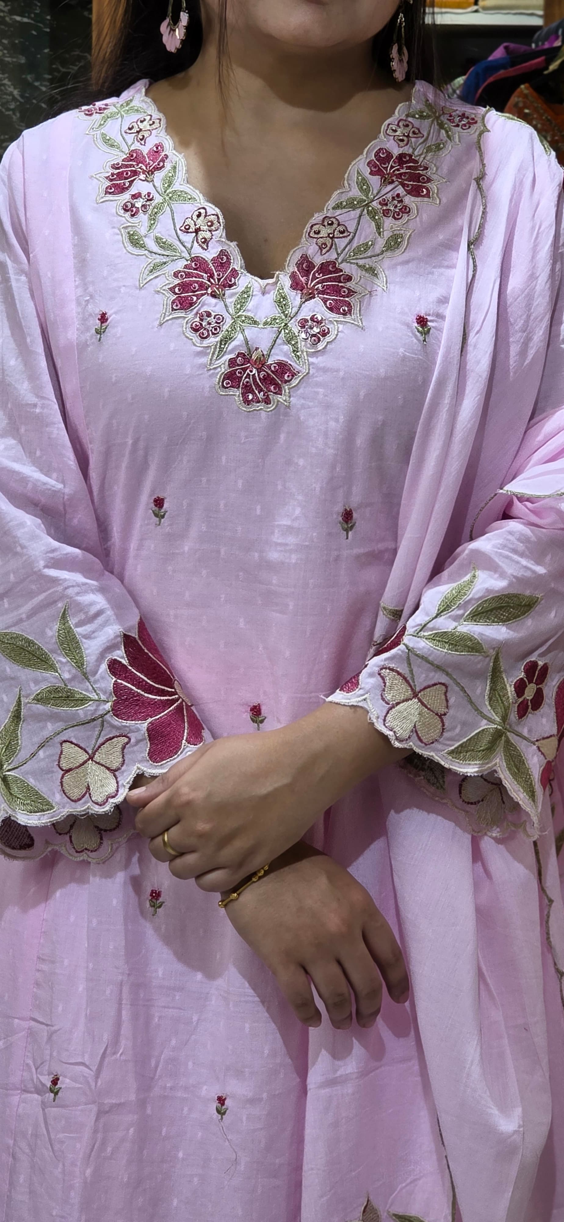 Pastel Pink Embroidered Dobby Cotton A-Line Set with Dupatta view 6