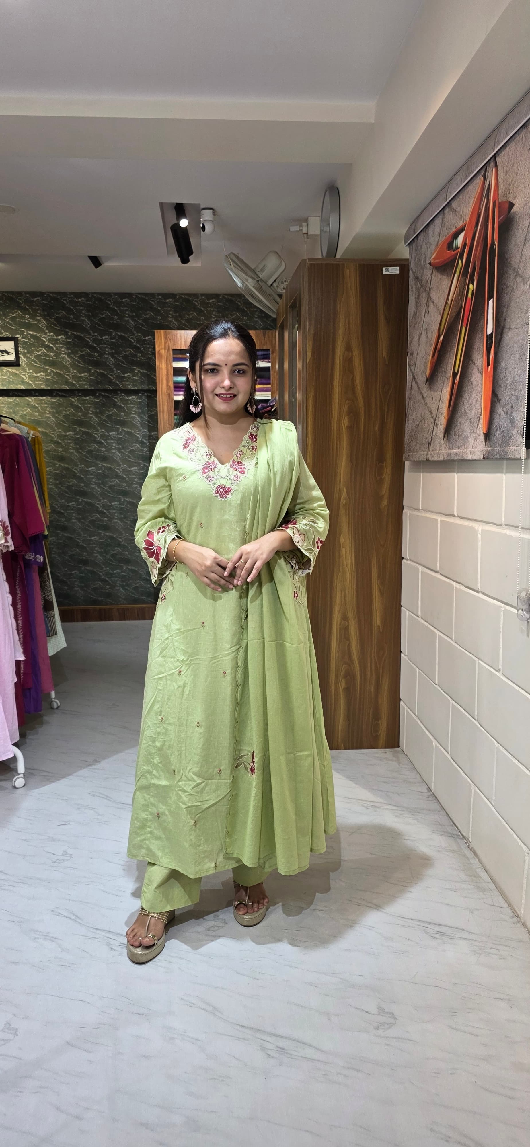 Pistachio Green Embroidered Dobby Cotton A-Line Set with Scallop Dupatta