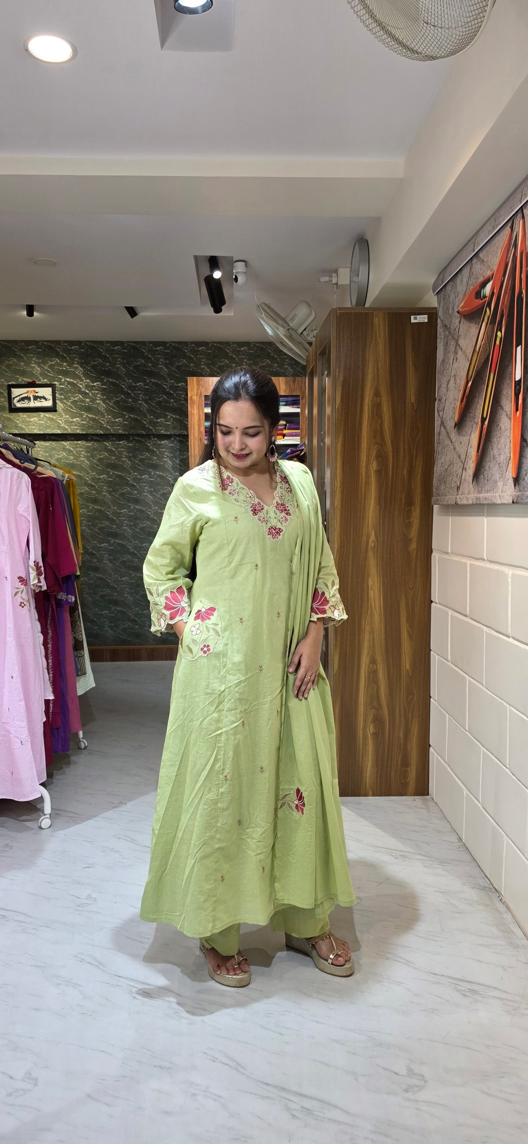 Pistachio Green Embroidered Dobby Cotton A-Line Set with Scallop Dupatta view 2