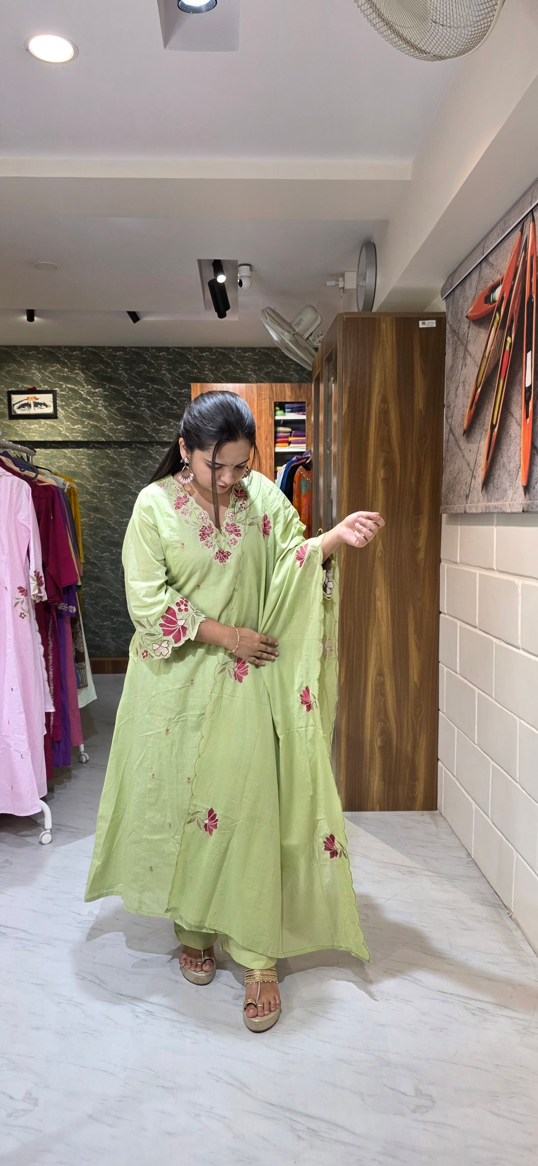 Pistachio Green Embroidered Dobby Cotton A-Line Set with Scallop Dupatta view 3