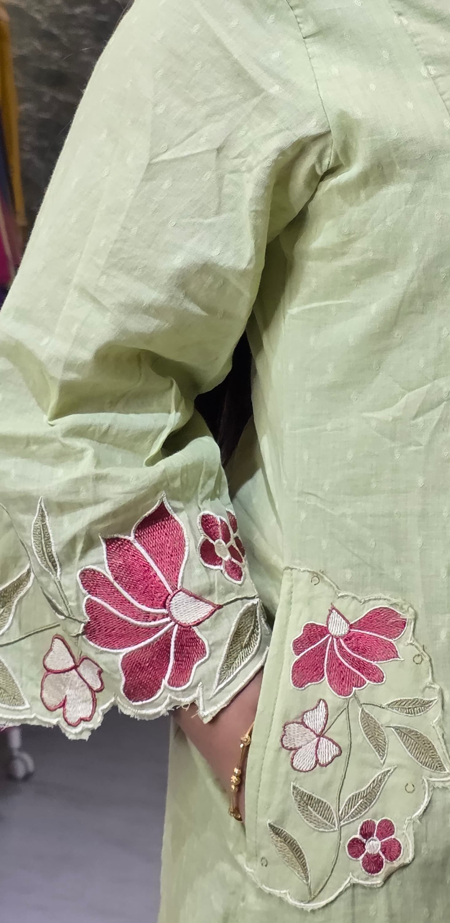 Pistachio Green Embroidered Dobby Cotton A-Line Set with Scallop Dupatta view 5