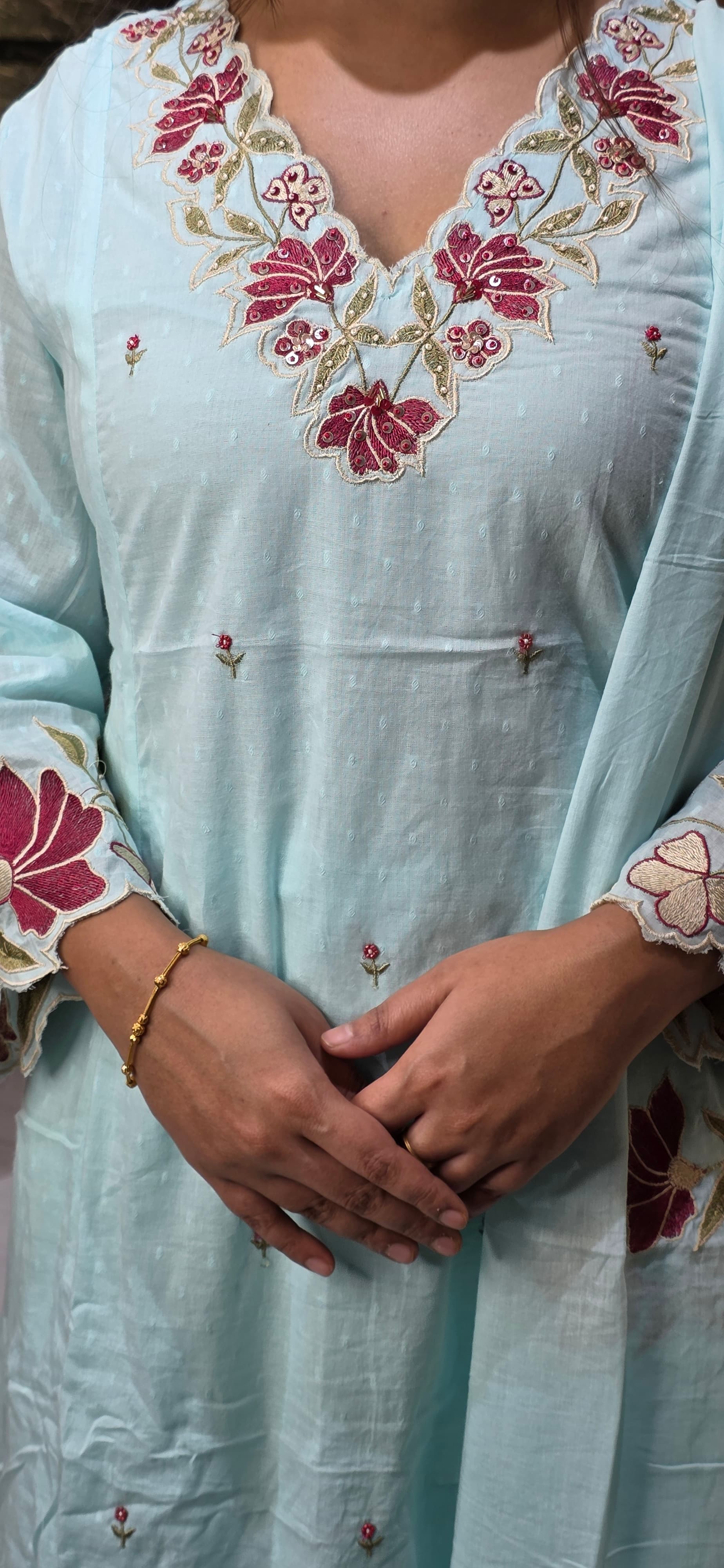 Powder Blue Embroidered Dobby Cotton A-Line Set with Scallop Dupatta