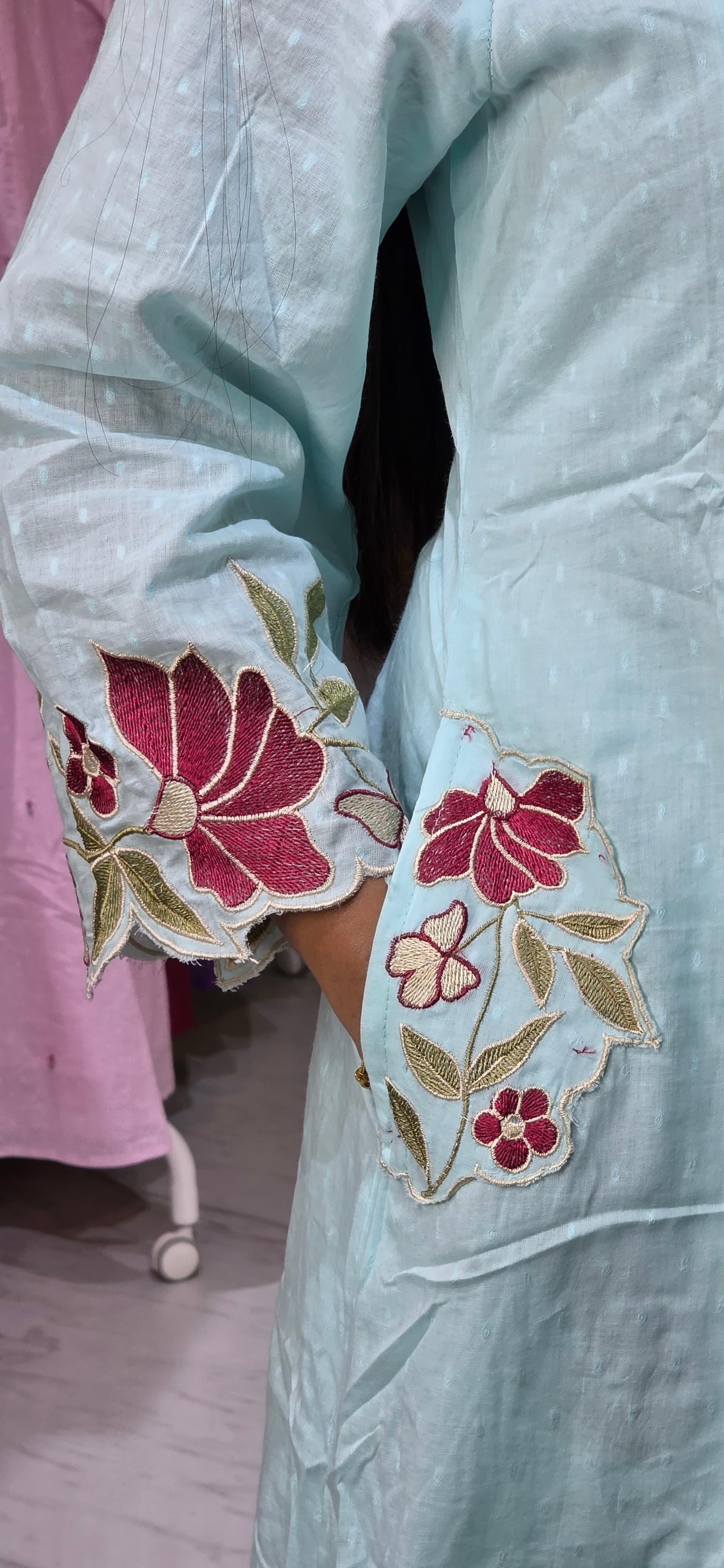 Powder Blue Embroidered Dobby Cotton A-Line Set with Scallop Dupatta view 2