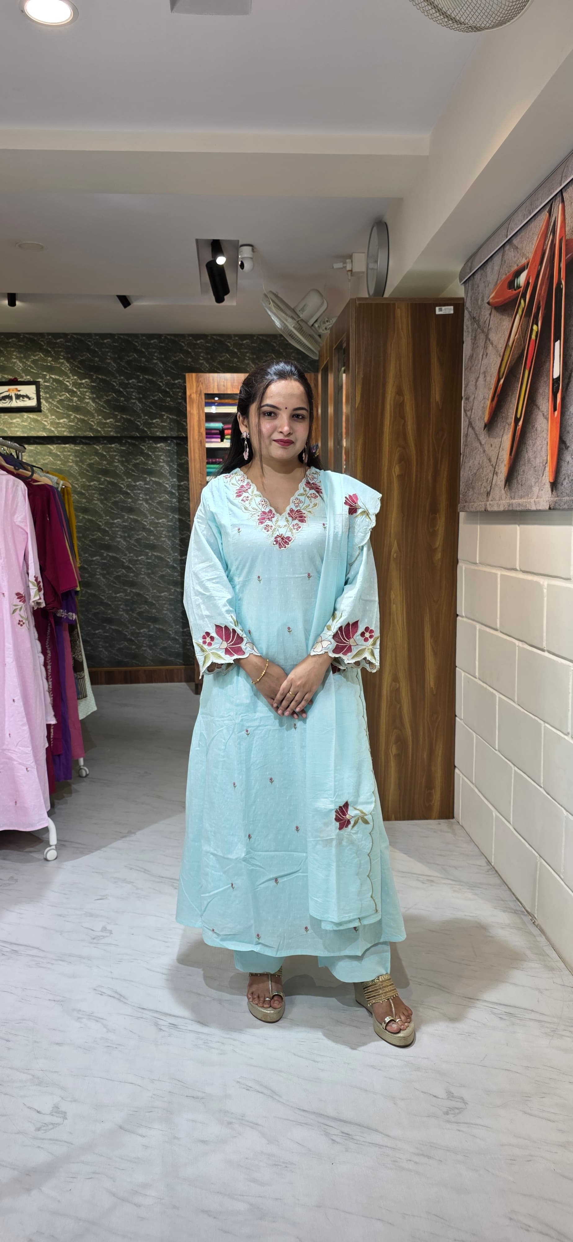 Powder Blue Embroidered Dobby Cotton A-Line Set with Scallop Dupatta view 3